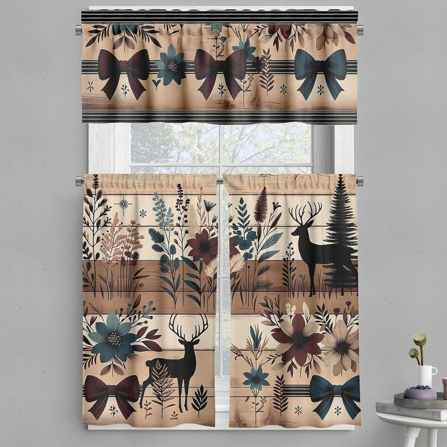 Floral Deer Print Blue and Beige Polyester Kitchen Curtains