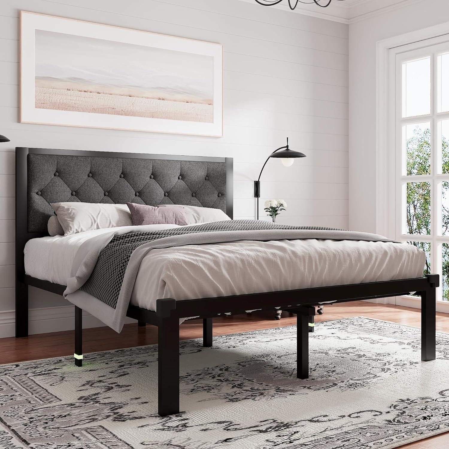 Black Twin Metal Bed Frame with Upholstered Headboard