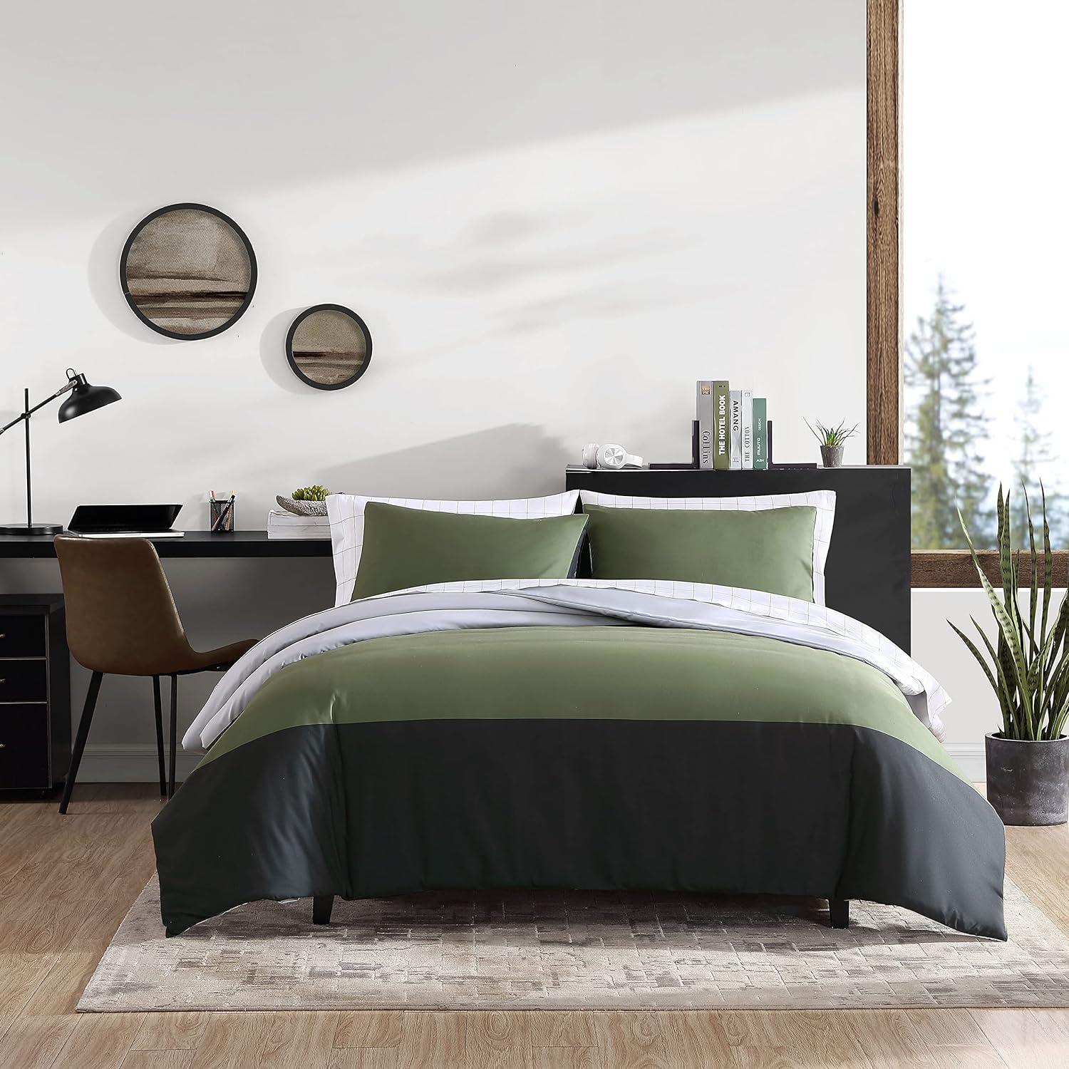 Skyline Green and Gray Reversible Microfiber Twin Duvet Set