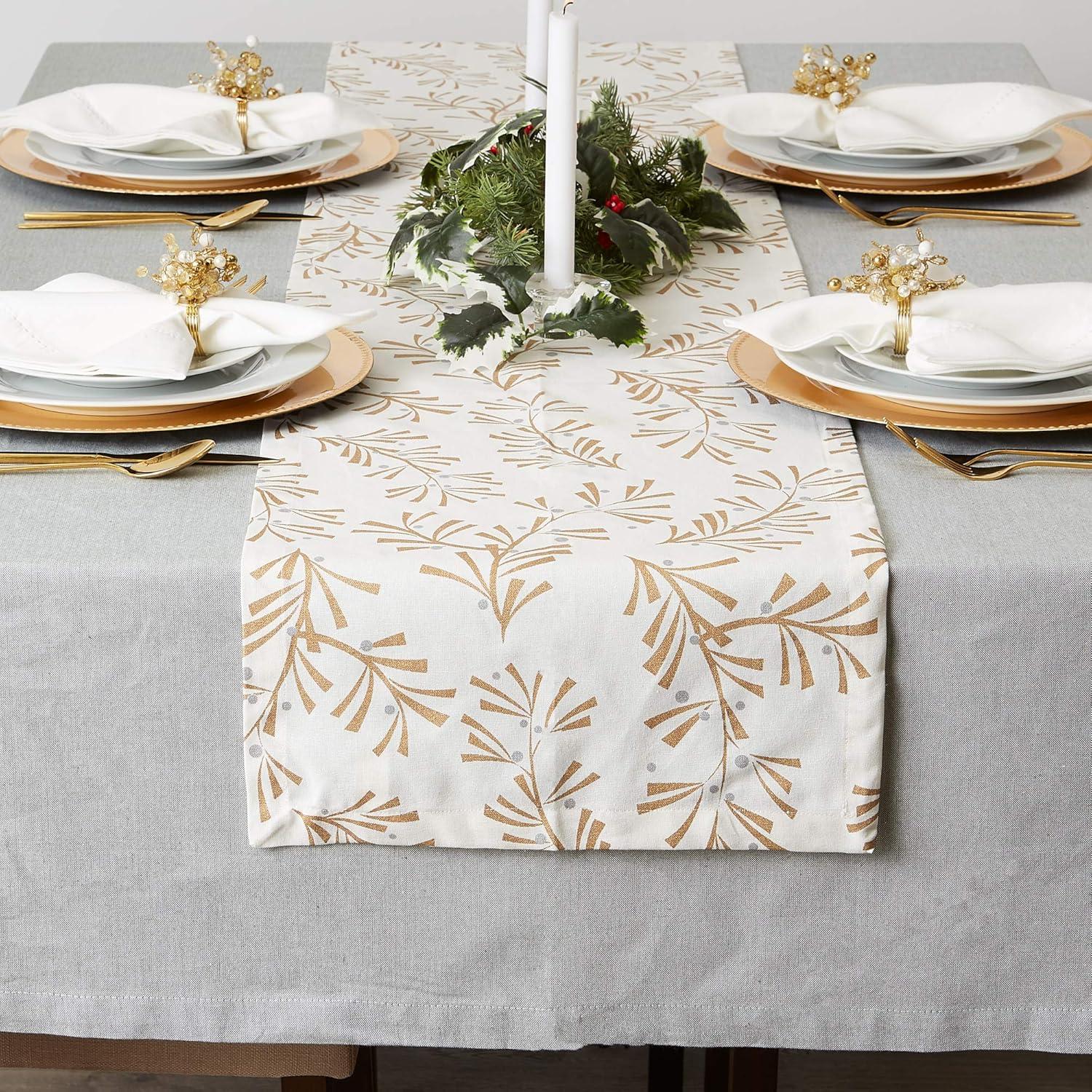 DII 14x108" Modern Cotton Metallic Holly Leaves Table Runner in Gold