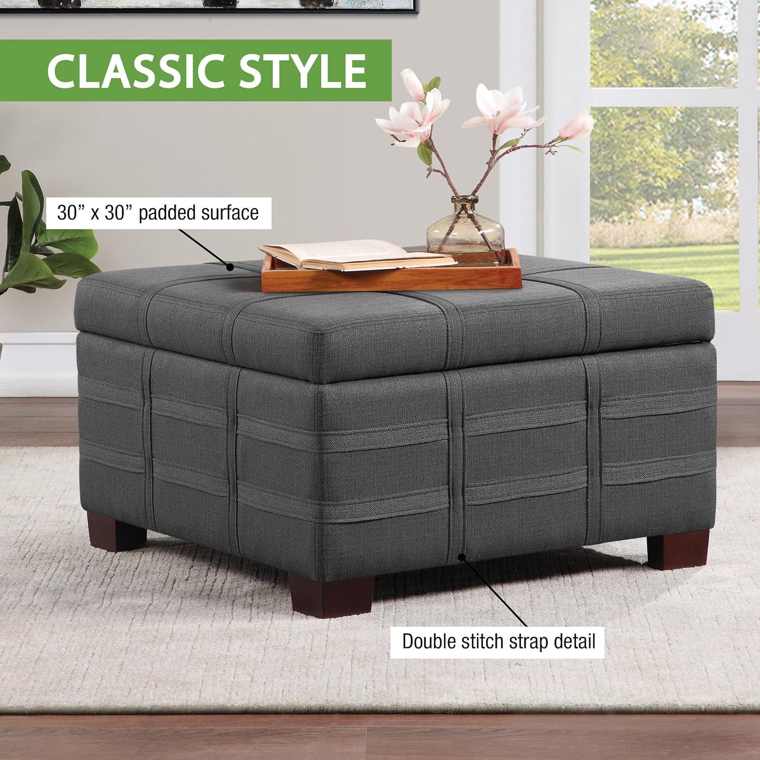 Detour Strap Square Storage Ottoman in Charcoal Fabric