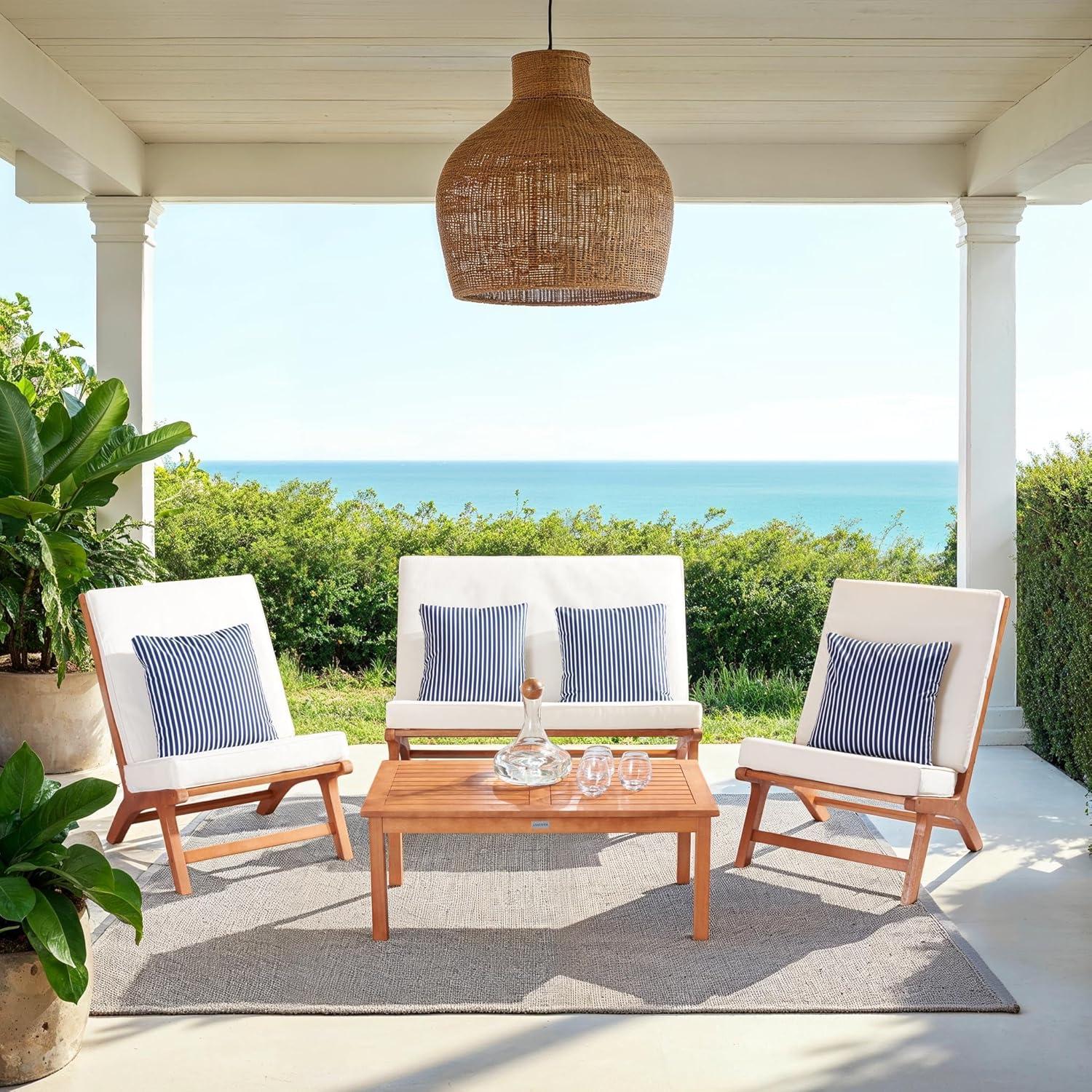 Chaston 4 Piece Living Set - Indoor/Outdoor - PAT7044 - Natural/Beige + Thin Stripe Pillow - Safavieh