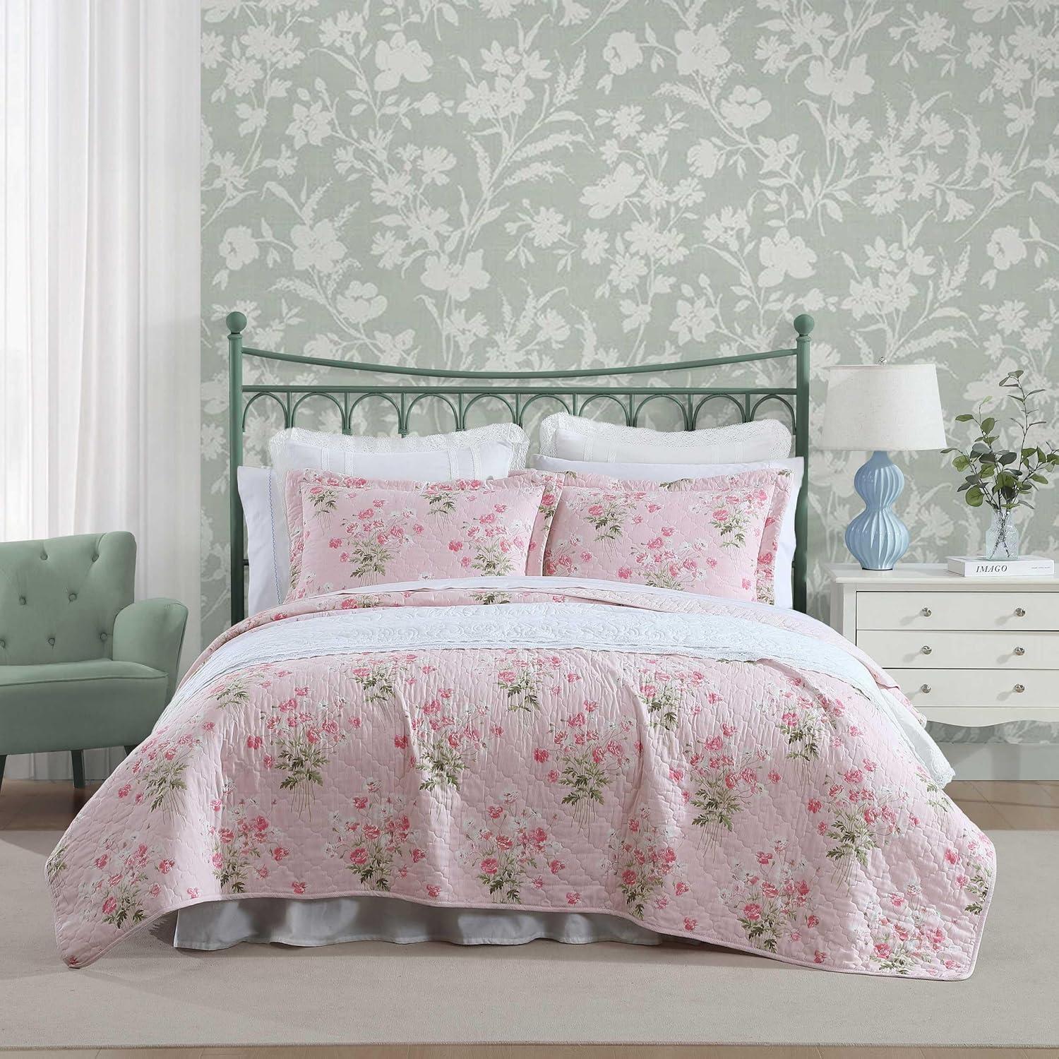 Laura Ashley Veronicas Bouquet Cotton Reversible Pink Quilt Set