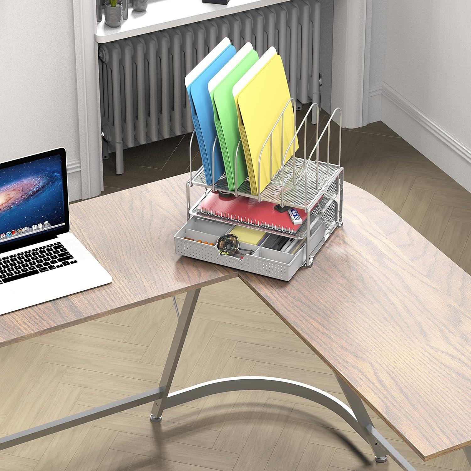DecoBros Mesh Desk Organizer with Double Tray and 5 Upright Sections, Sliver