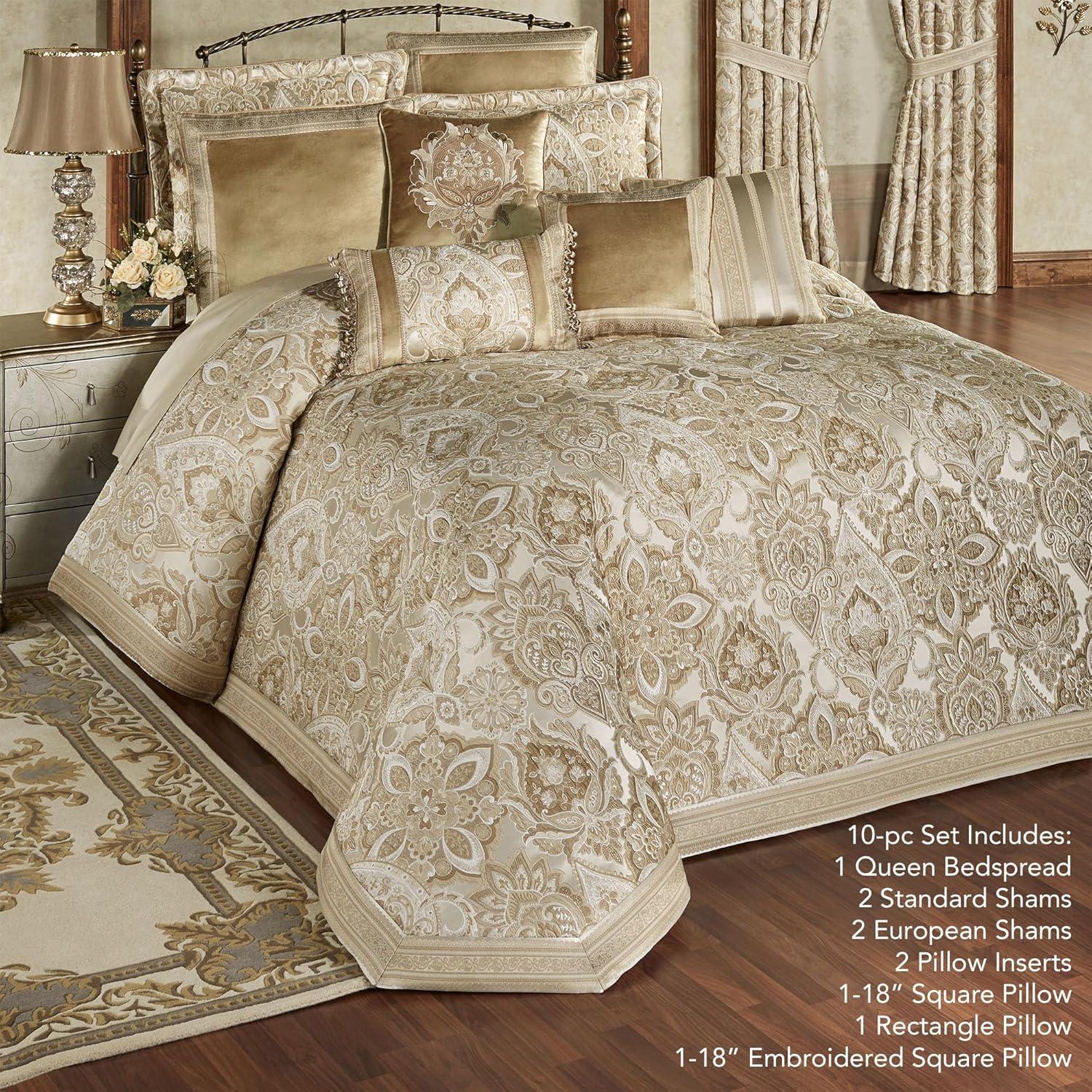 Albany Luxury Bedding | Soothing Neutral Tones of Champagne and Ivory | Jacobean Floral Inspired Damask, Medallions, and Stripes | 3 Piece Bed Set Includes Oversized Queen Bedspread & 2 Standard Shams