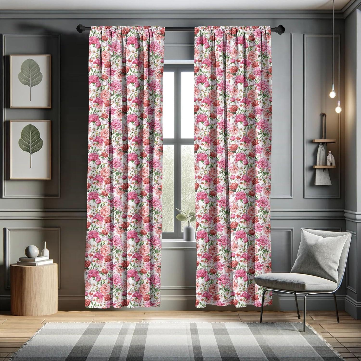 Ambesonne Watercolor Curtains, Pink Peonies Roses, Pair of 28"x63", Multicolor