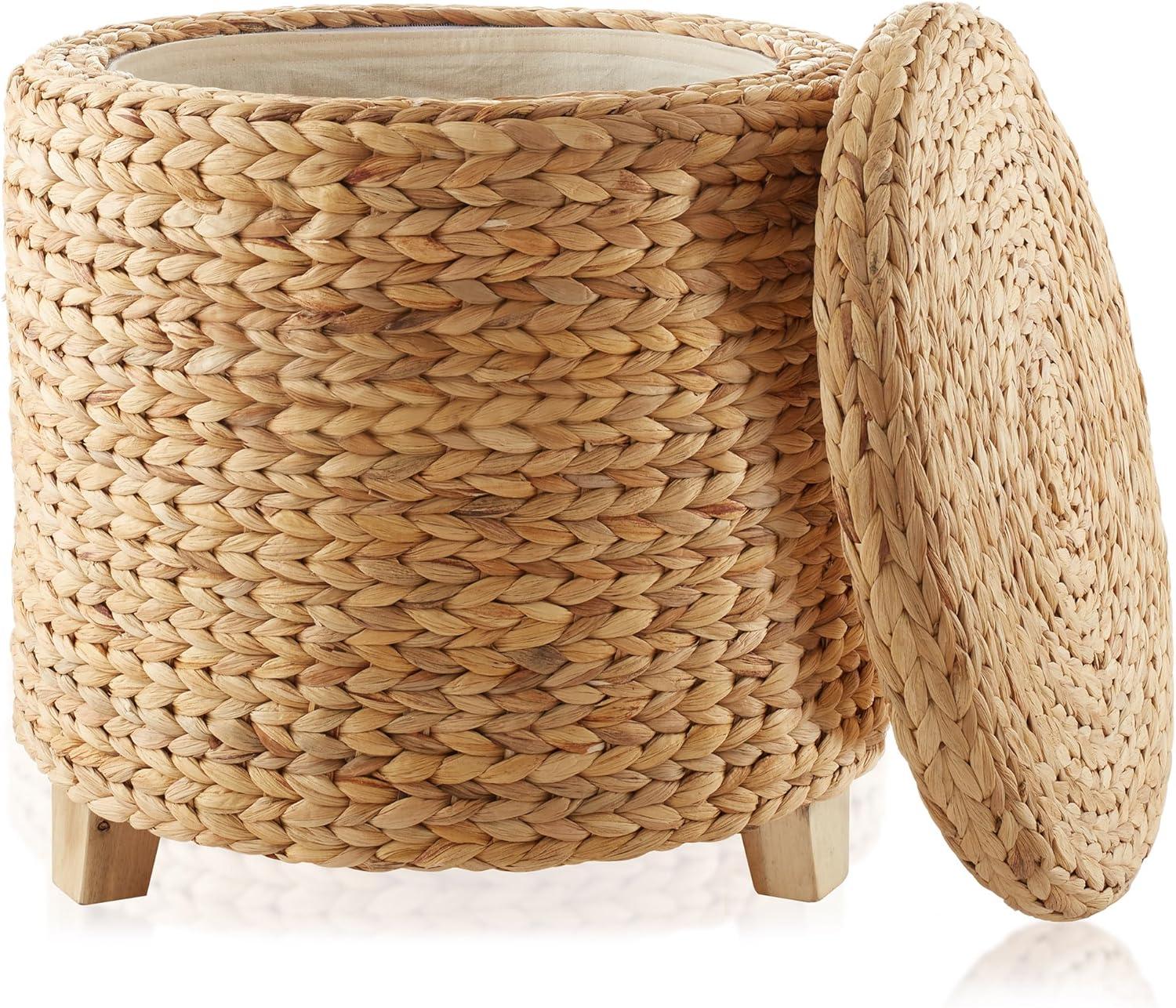 Casafield 17" Round Storage Ottoman with Lid, Handwoven Footrest for Living Room, Bedroom, Bathroom, Home Office