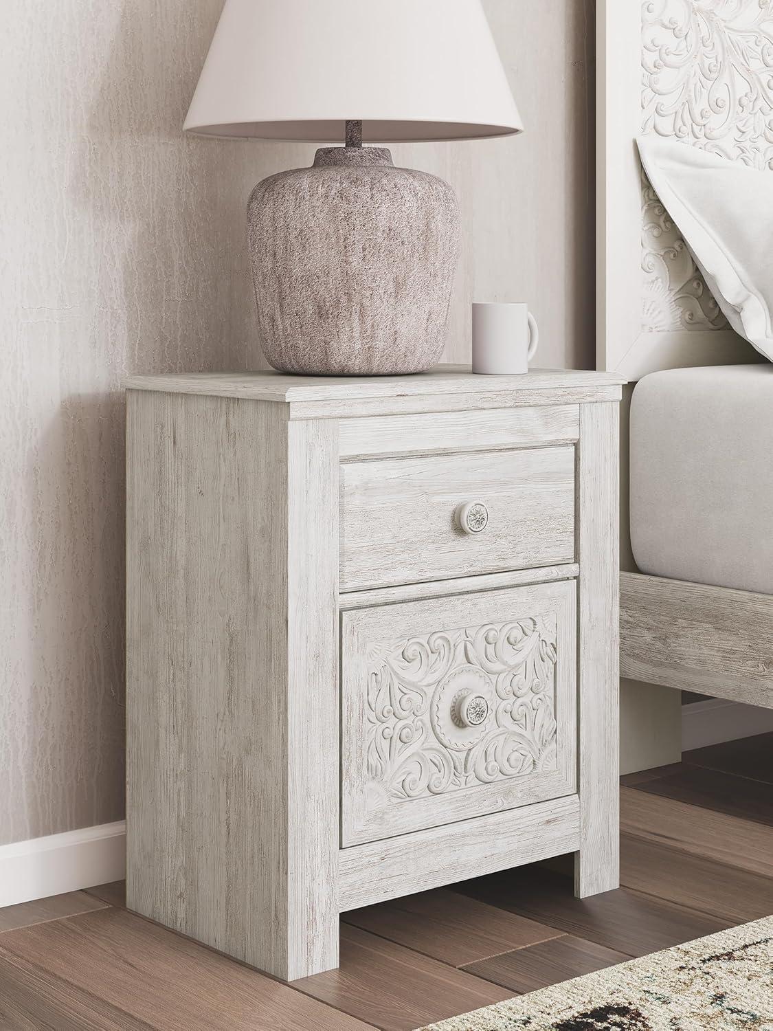 Paxberry Two Drawer Nightstand White Wash - Signature Design by Ashley: Traditional Style, USB Port, Storage Function