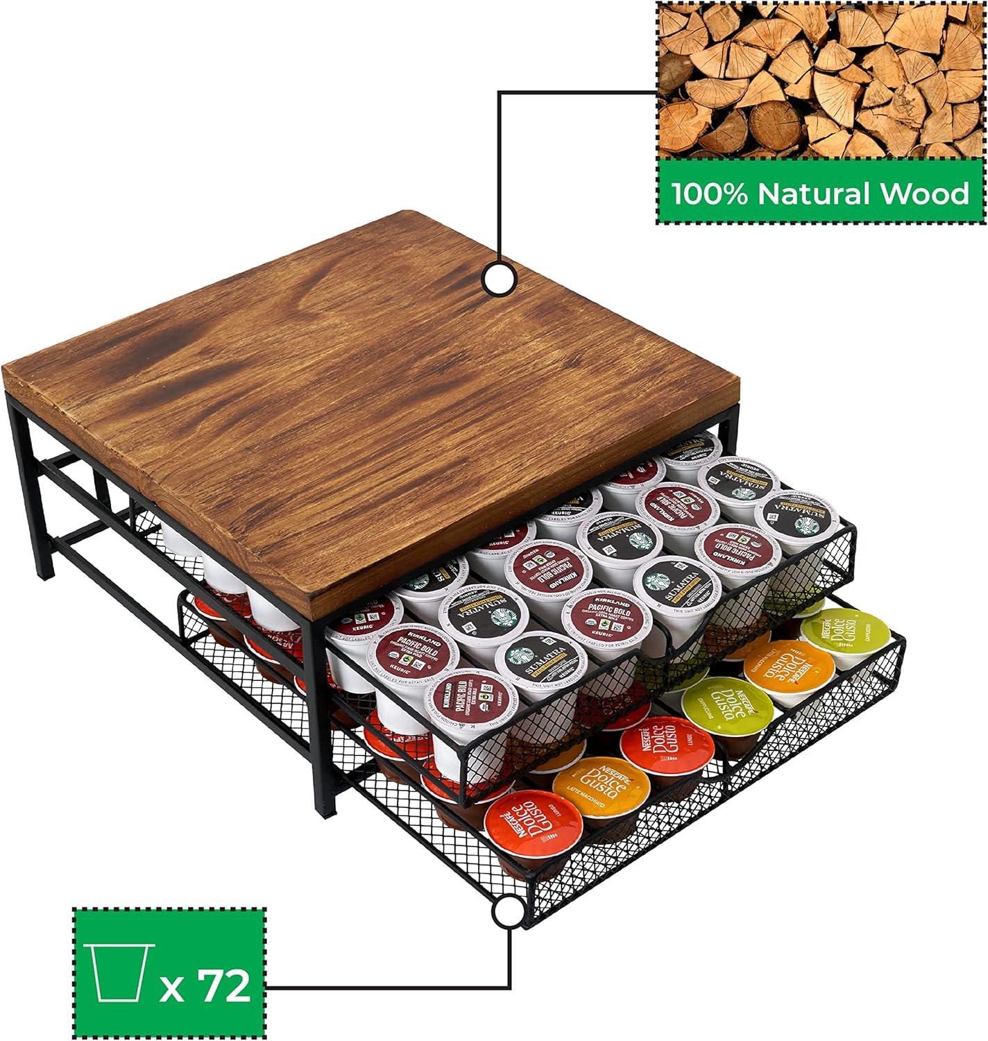 Coffee Pod Holder for K Cup Holder Drawer Holder, Coffee Pod Drawer For Counter, 2 Tier K-Cup Storage With Sliding Baskets, 72 Capacity Pods Organizer Cups Capsule for Coffee Station, Brown