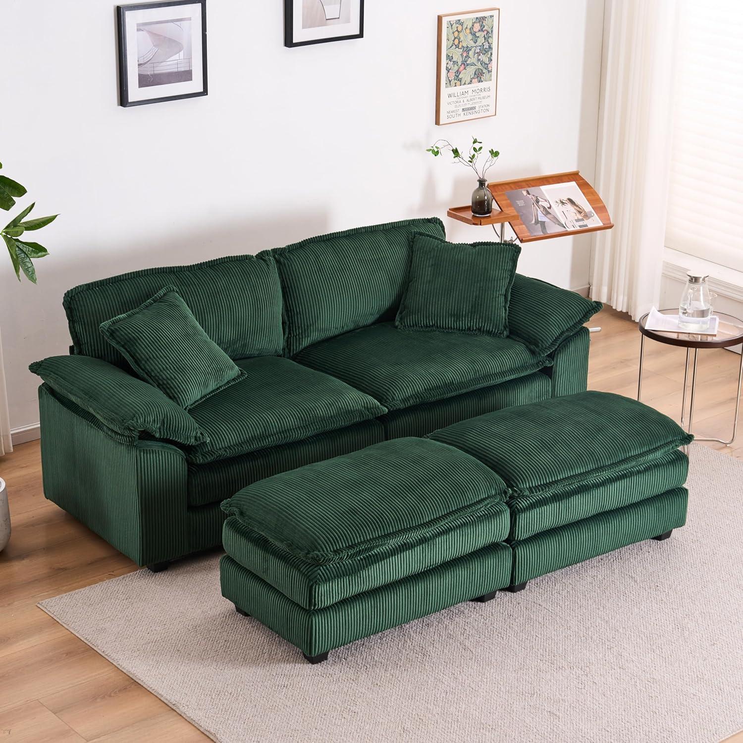 Green Corduroy Loveseat Sofa with Ottomans and Pillows