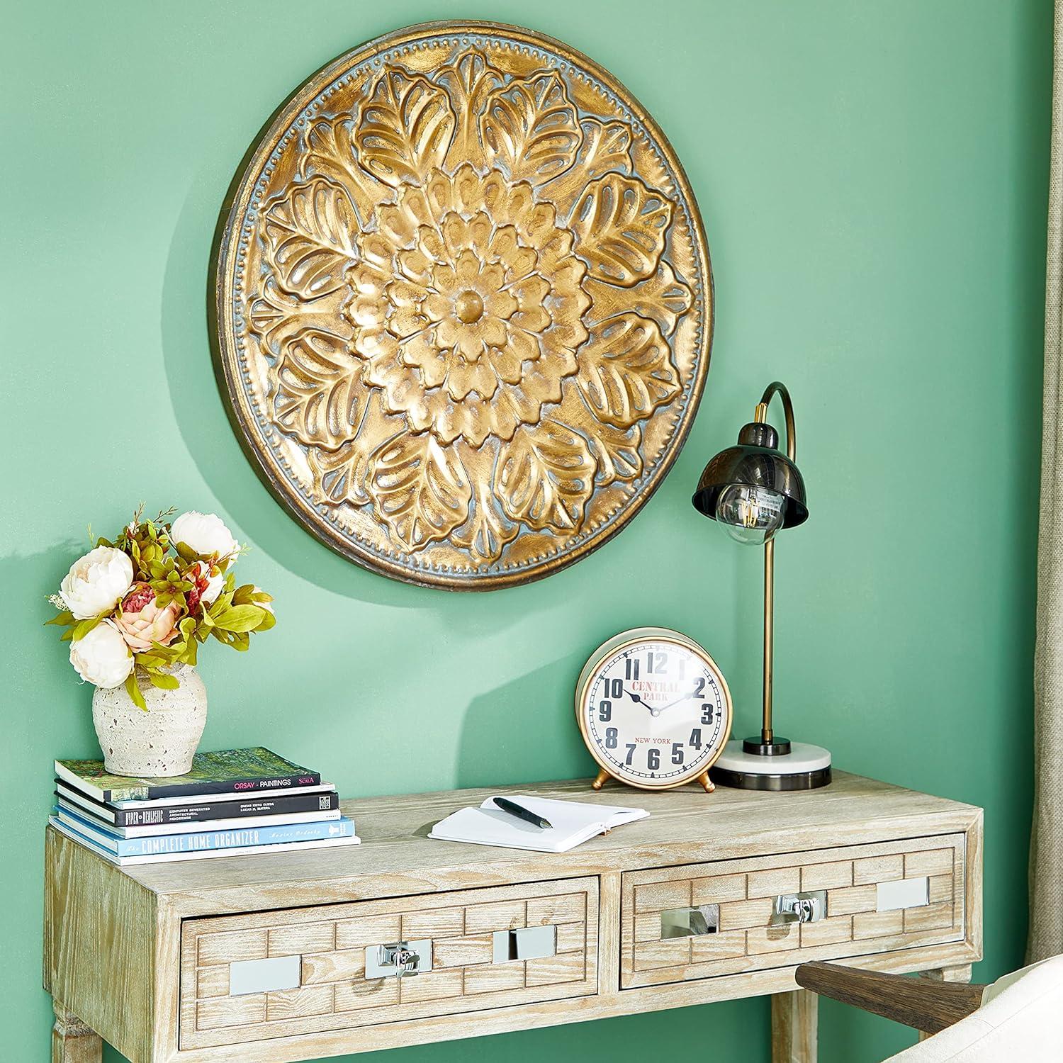 Gold Floral Embossed Iron Circular Wall Sculpture