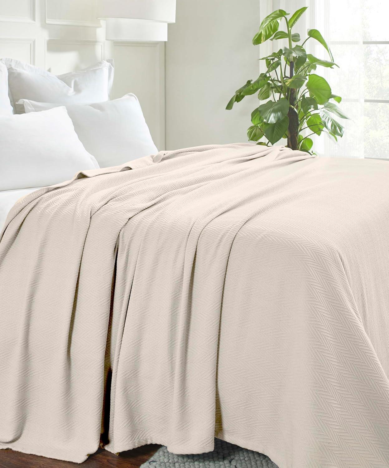 Superior Dobbyweave Knit Cotton Blanket, All Season Bed Blanket, Full/Queen 88" x 100", Ivory