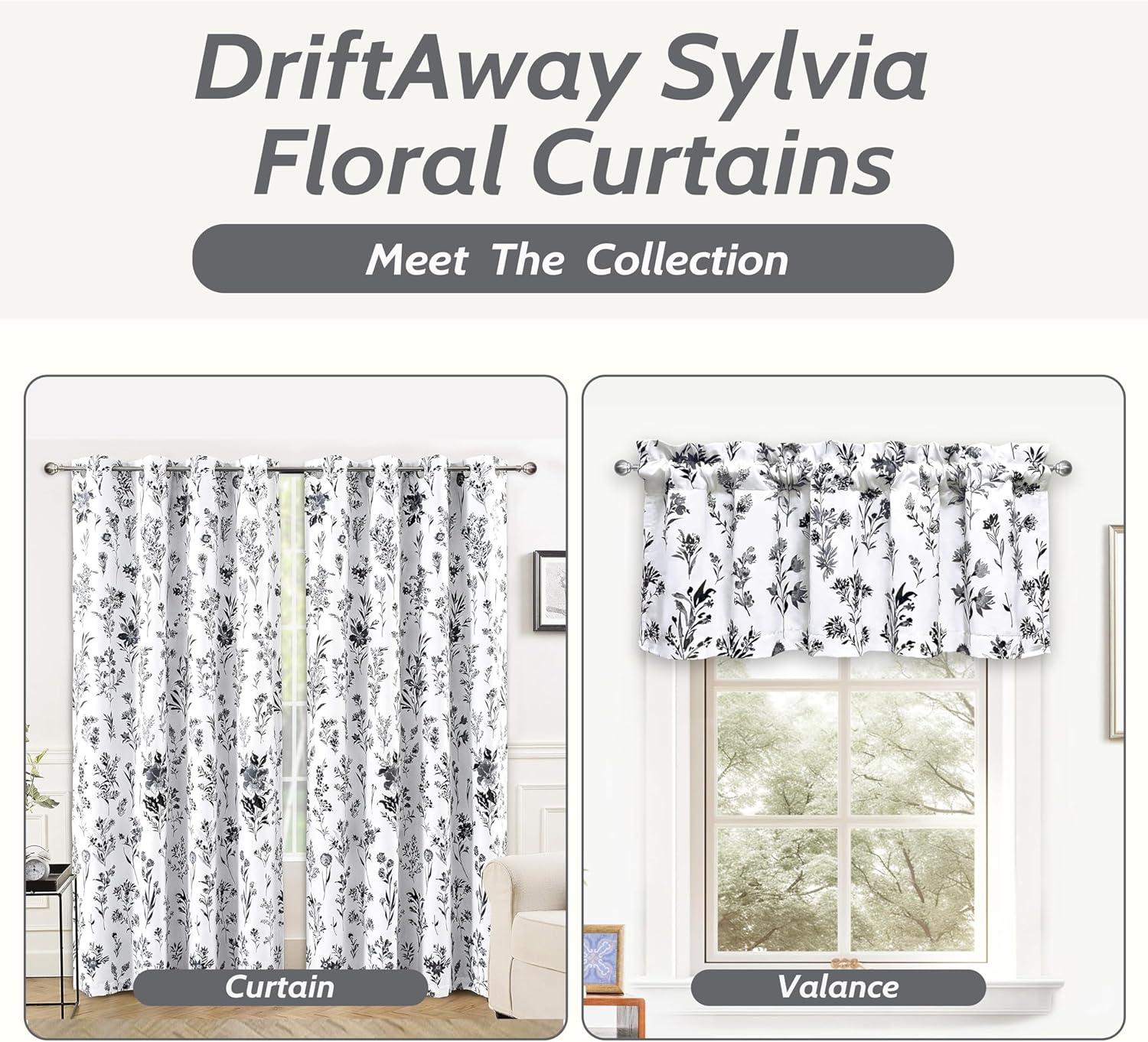 DriftAway Sylvia Floral Botanical Herbs Watercolor Printed Pattern Lined Blackout Thermal Insulated Window Curtain Valance Rod Pocket Single 52" x 18" Plus 2" Header Black White