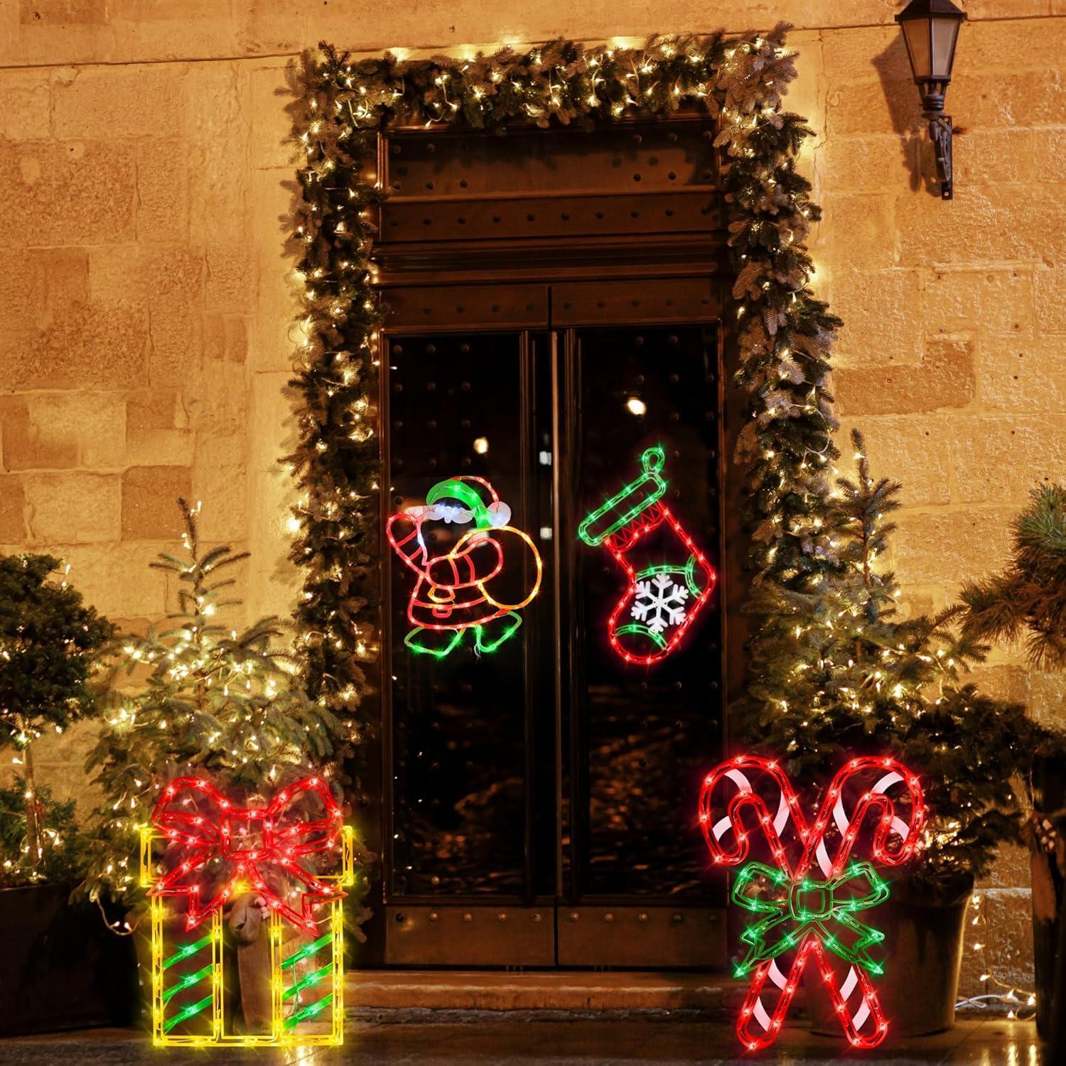 16 Inch Christmas Window Silhouette Lights Decorations, 4 Pack Waterproof Window Hanging Lights Elk, Christmas Tree, Santa Claus, Wreaths for Party, Home Indoor Outdoor Wall - 200 Mini Bulbs