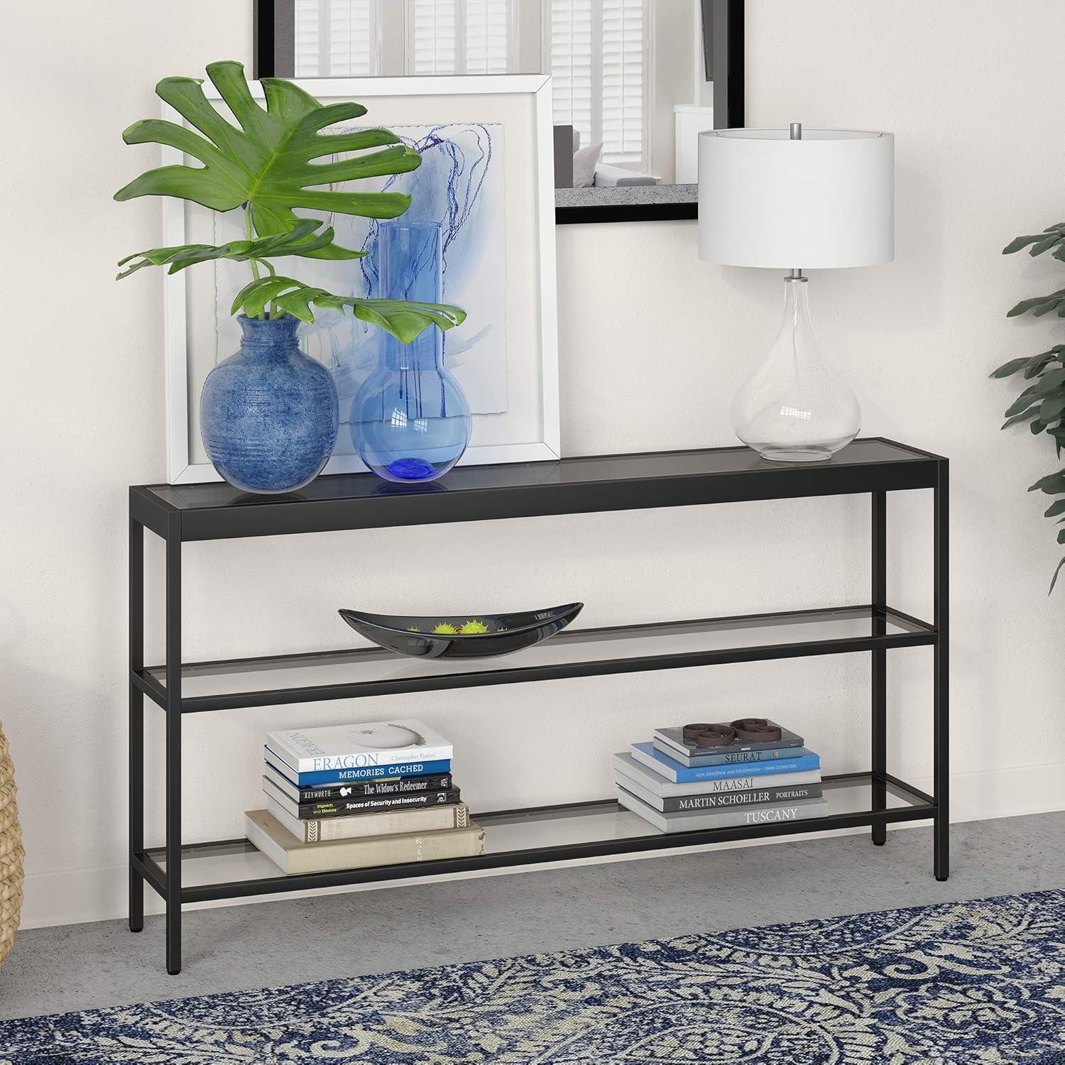 Modern Blackened Bronze and Glass Console Table with Dual Shelves