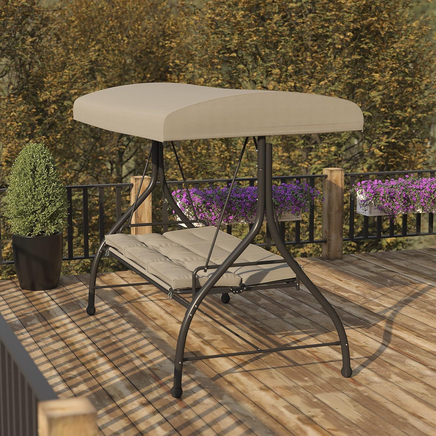 Flash Furniture 3-Seat Outdoor Steel Converting Patio Swing Canopy Hammock with Cushions / Outdoor Swing Bed (Tan)