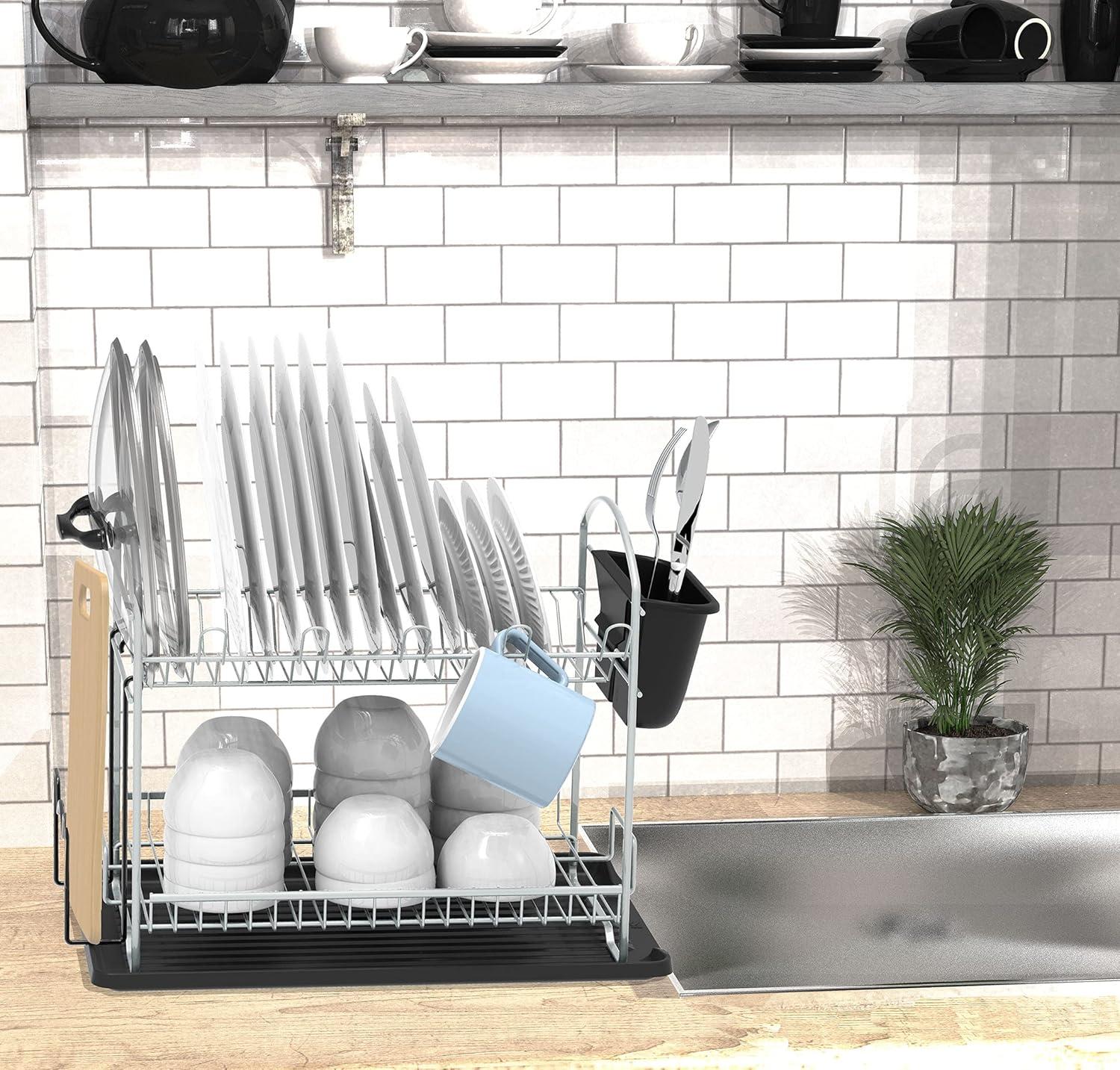 SimpleHouseware 2-Tier Dish Rack with Drainboard, Silver