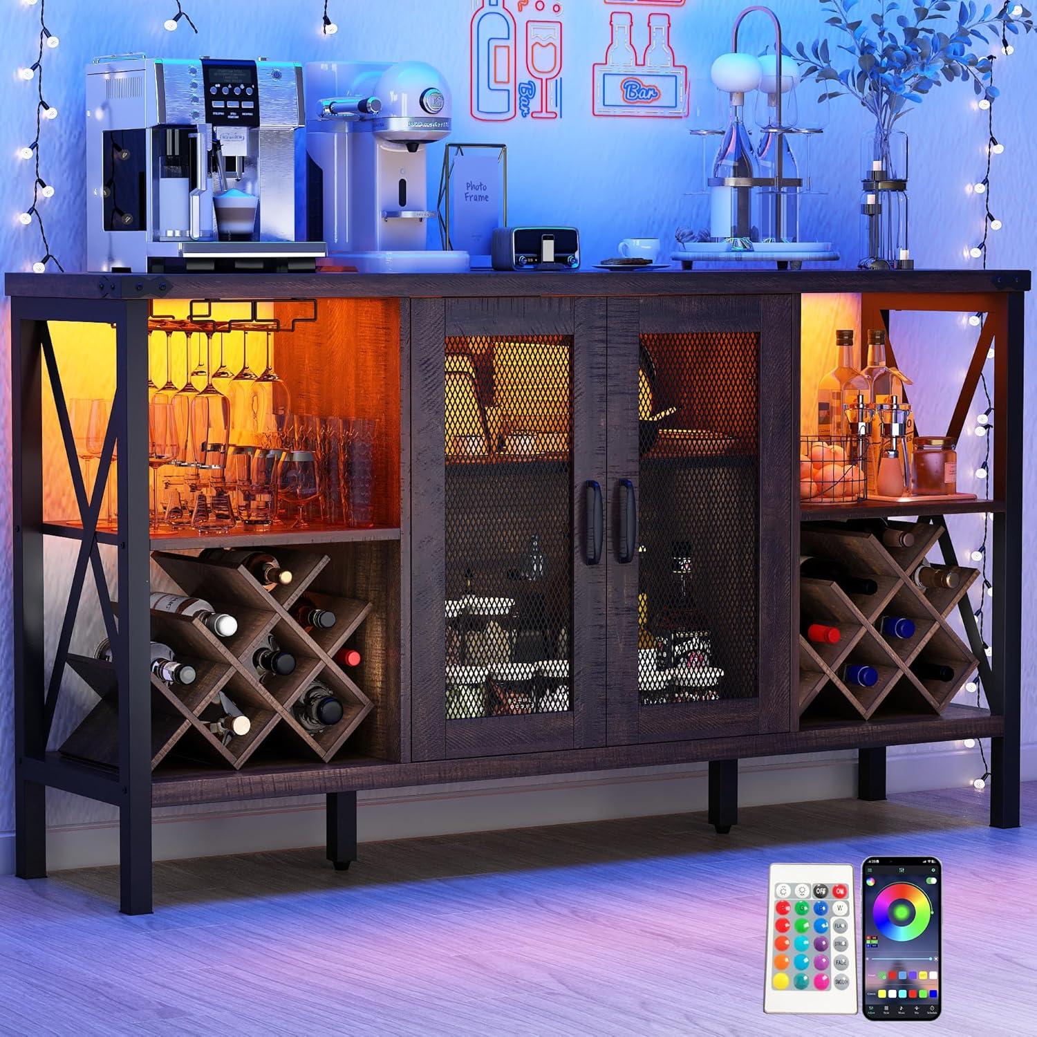 ChVans Bar Cabinet with LED Light & Power Outlet for home, Liquor Cabinet with Removable Wine Rack, Coffee Bar Cabinet with Storage for Kitchen, Dining Room, Living Room(Coffee)