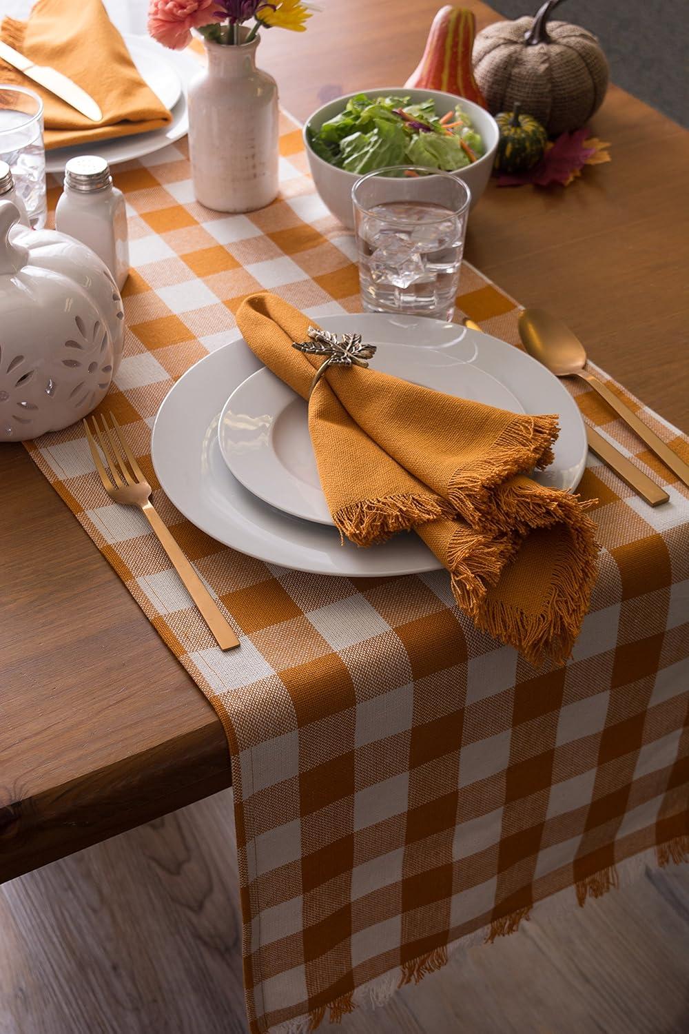 Pumpkin Spice Heavyweight Check Fringed Table Runner 14X108