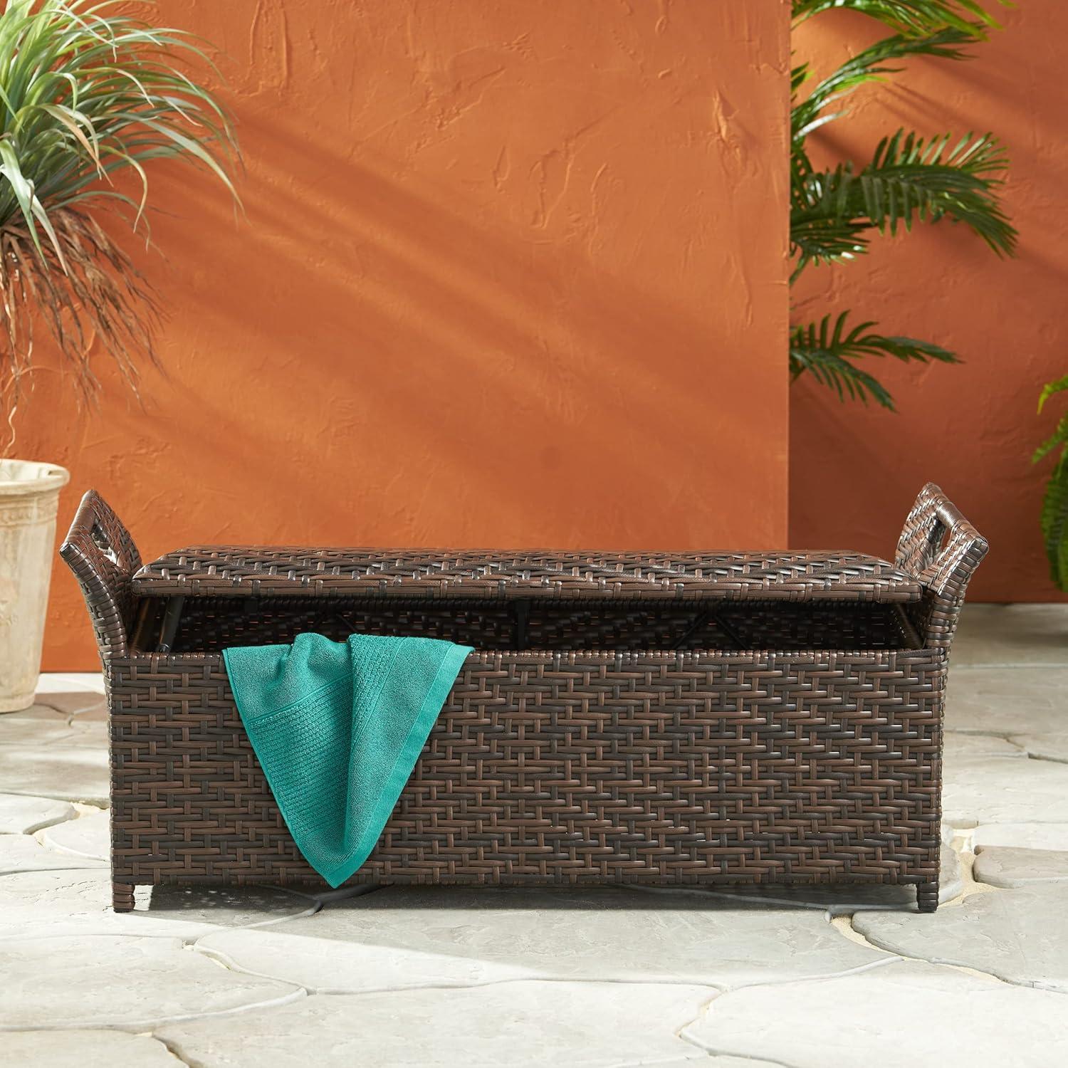 Wing Wicker Patio Storage Bench - Multi Brown - Christopher Knight Home: Iron Frame, Water & UV Resistant, Seats 2