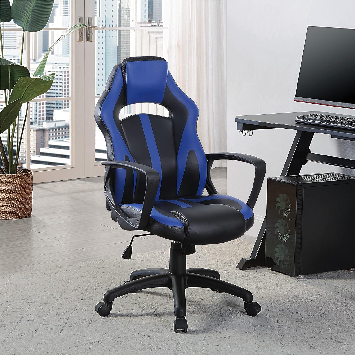 Influx Modern Black and Blue Faux Leather Gaming Chair with Lumbar Support