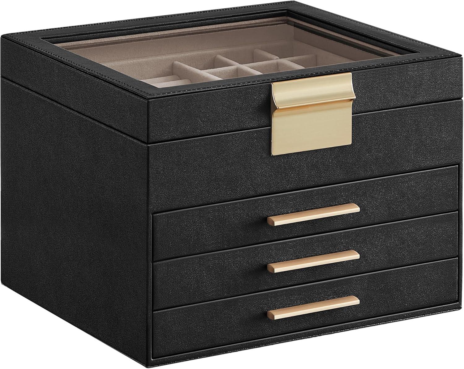 SONGMICS Jewelry Box Organizer with Glass Lid, 4-Layer Jewelry Storage, with 3 Drawers, Modern Style, 8 x 9.1 x 6.5 Inches, Graphite Black and Gold Color UJBC173B01