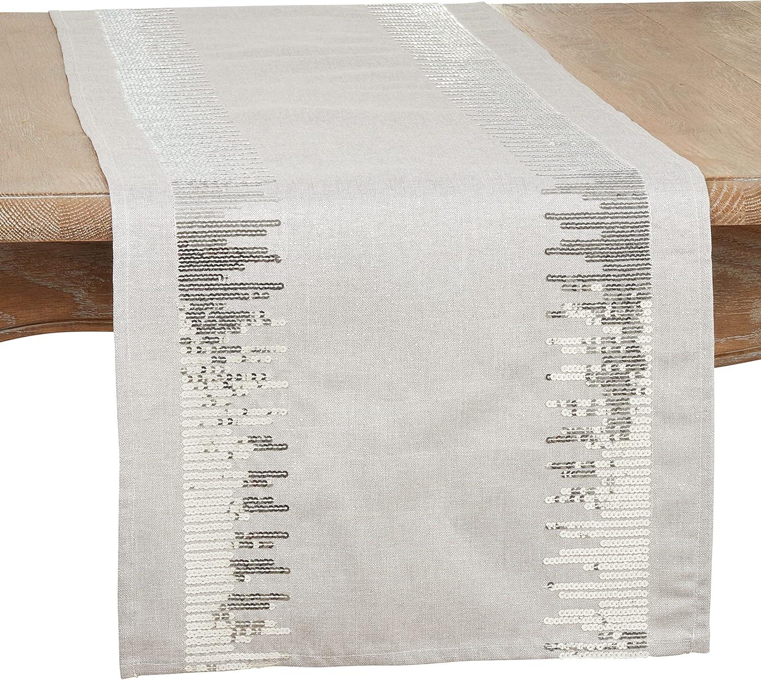 Saro Lifestyle Sequin Border Design Table Runner, Silver, 16" x 72"