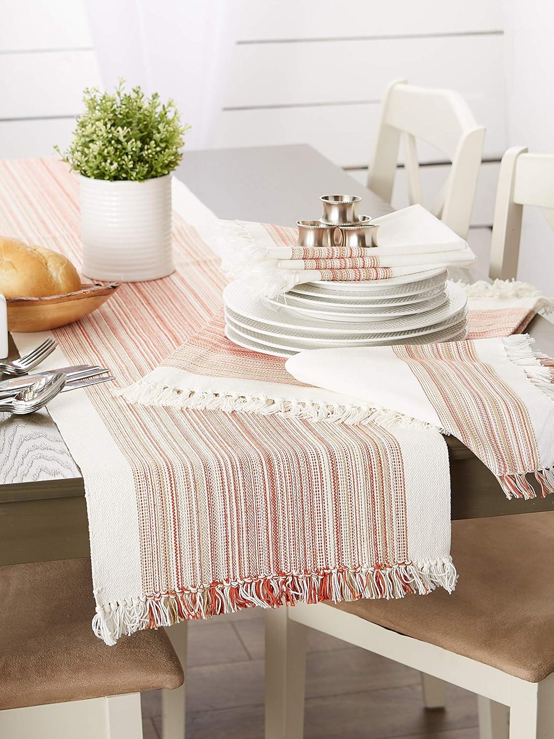 6pk Cotton Pimento Striped Placemats with Fringe - Design Imports: Washable Kitchen & Dining Table Decor, Rectangle, 13"x11"