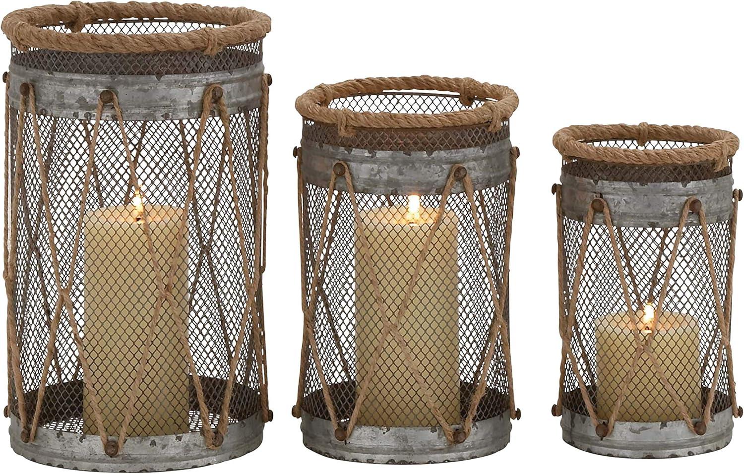 Elegant Silver Metal Hanging Hurricane Candle Lantern Trio