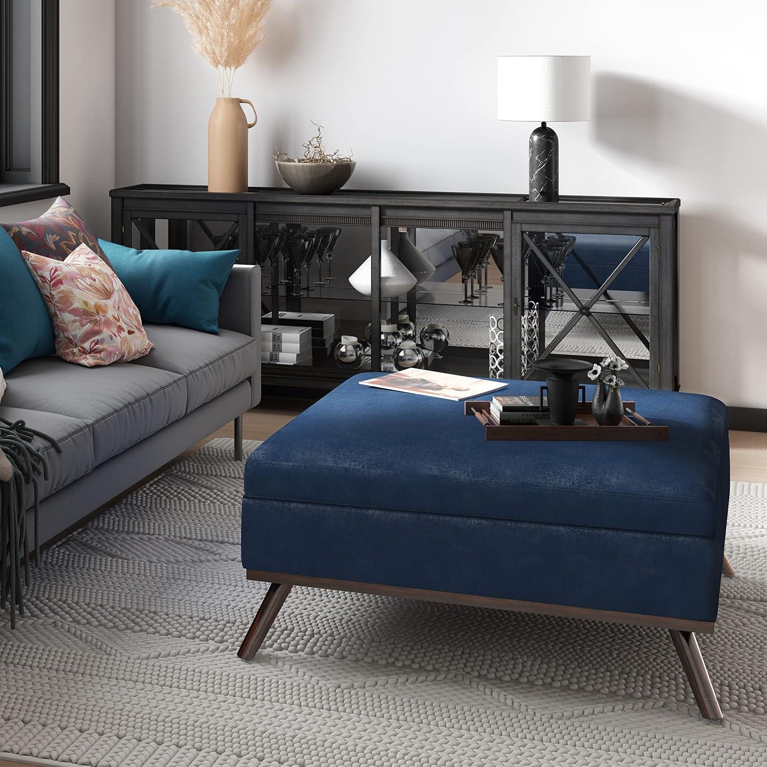 Simpli Home Owen 36"W Upholstered Square Coffee Table Storage Ottoman with Lift Top and Solid Wood Legs