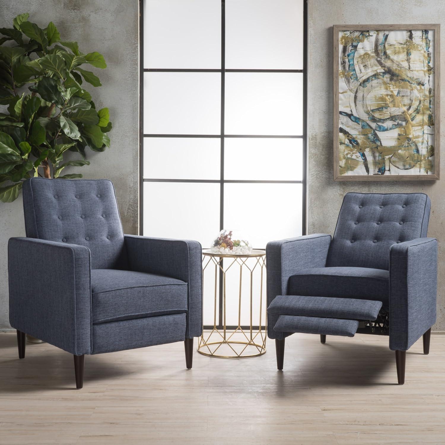 Dark Blue Microfiber Mid-Century Modern Recliner Set