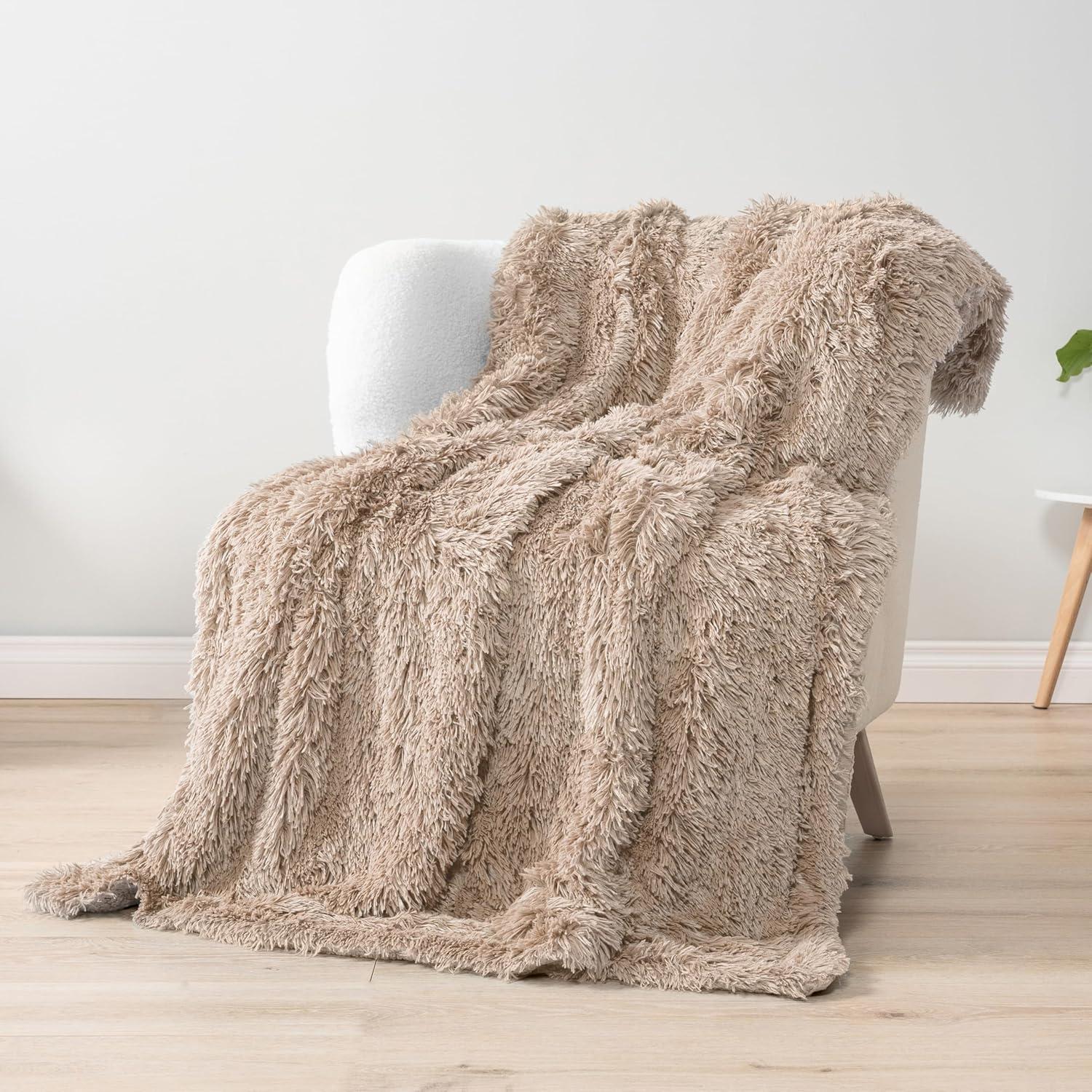 PAVILIA Soft Fluffy Faux Fur Throw Blanket, Taupe Tan Camel, Shaggy Furry Warm Sherpa Blanket Fleece Throw for Bed, Sofa, Couch, Decorative Fuzzy Plush Comfy Thick Throw Blanket, 50x60 Inches