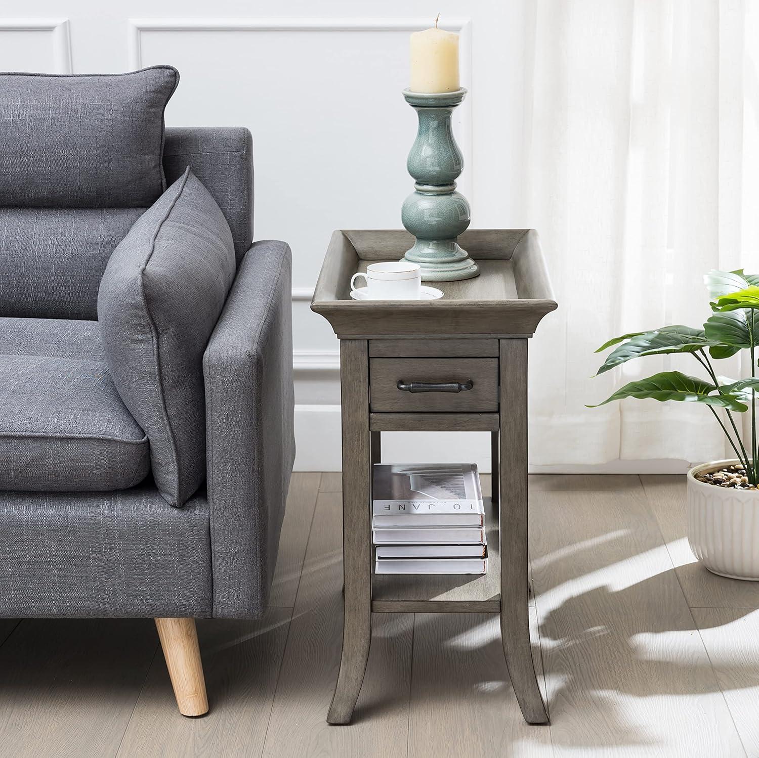 Smoke Gray Wash Wood Side Table with Drawer and Shelf