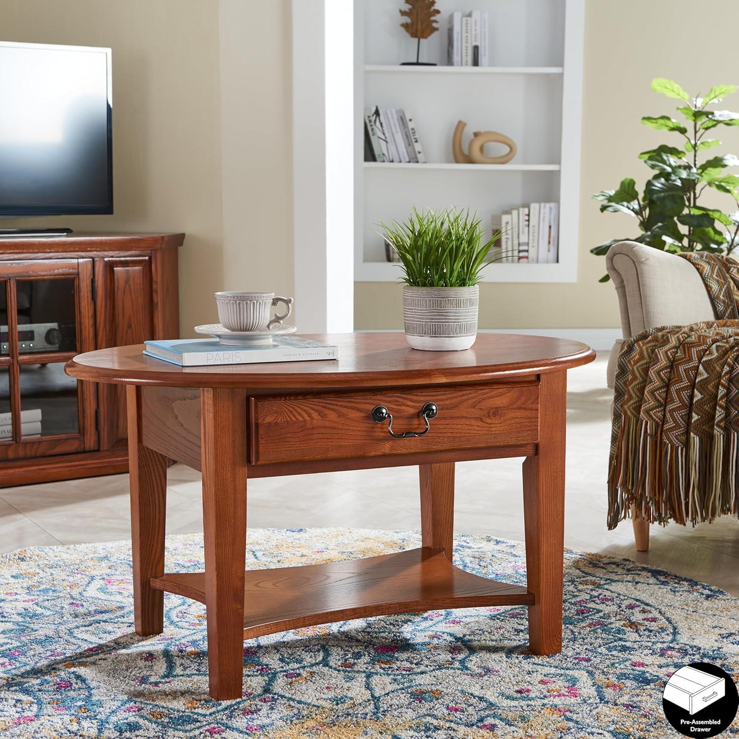 Medium Oak Oval Wood Coffee Table with Storage Drawer