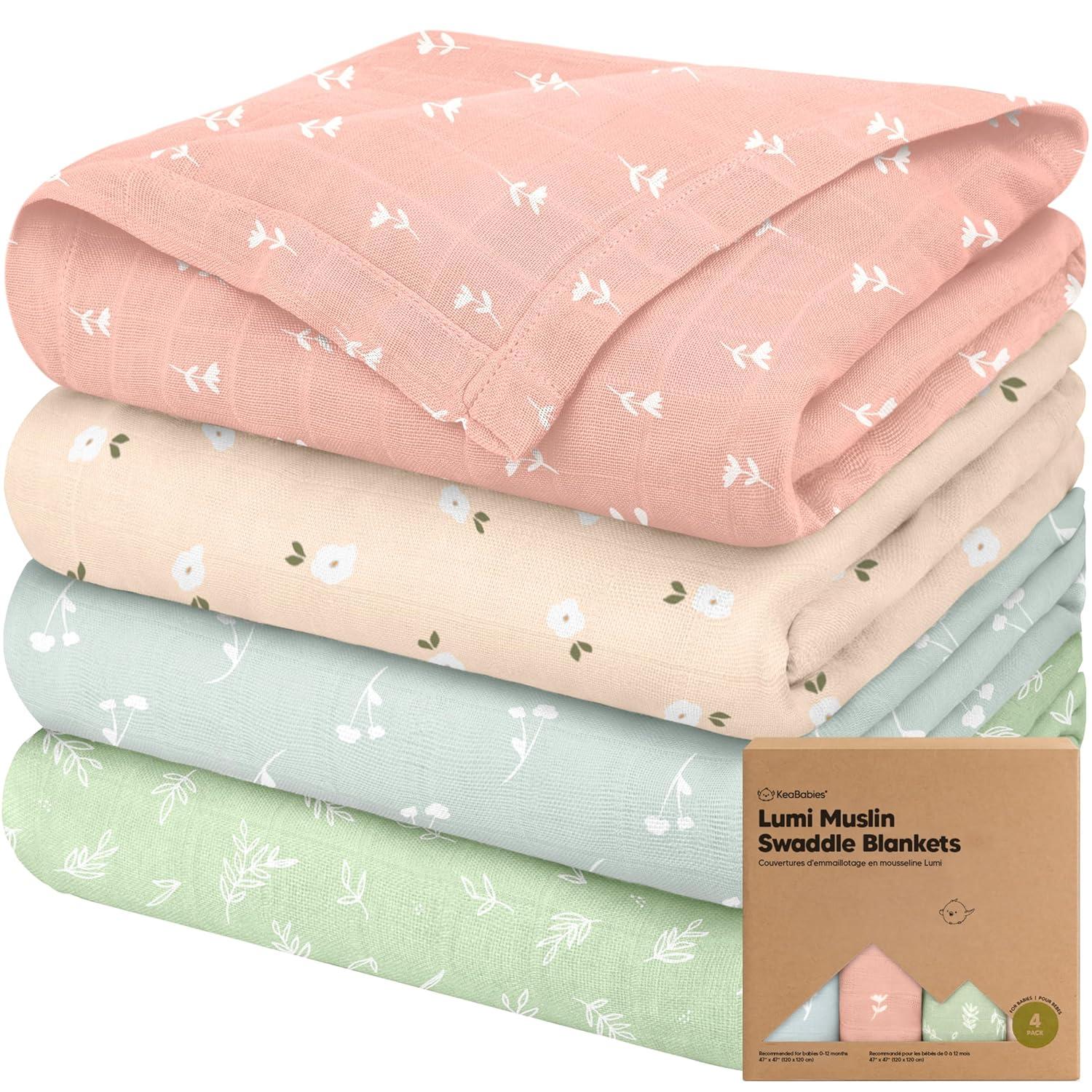 KeaBabies 4pk Muslin Swaddle Blankets for Baby Boys, Girls - Organic Baby Blankets, Swaddles for Newborns (Bloom)