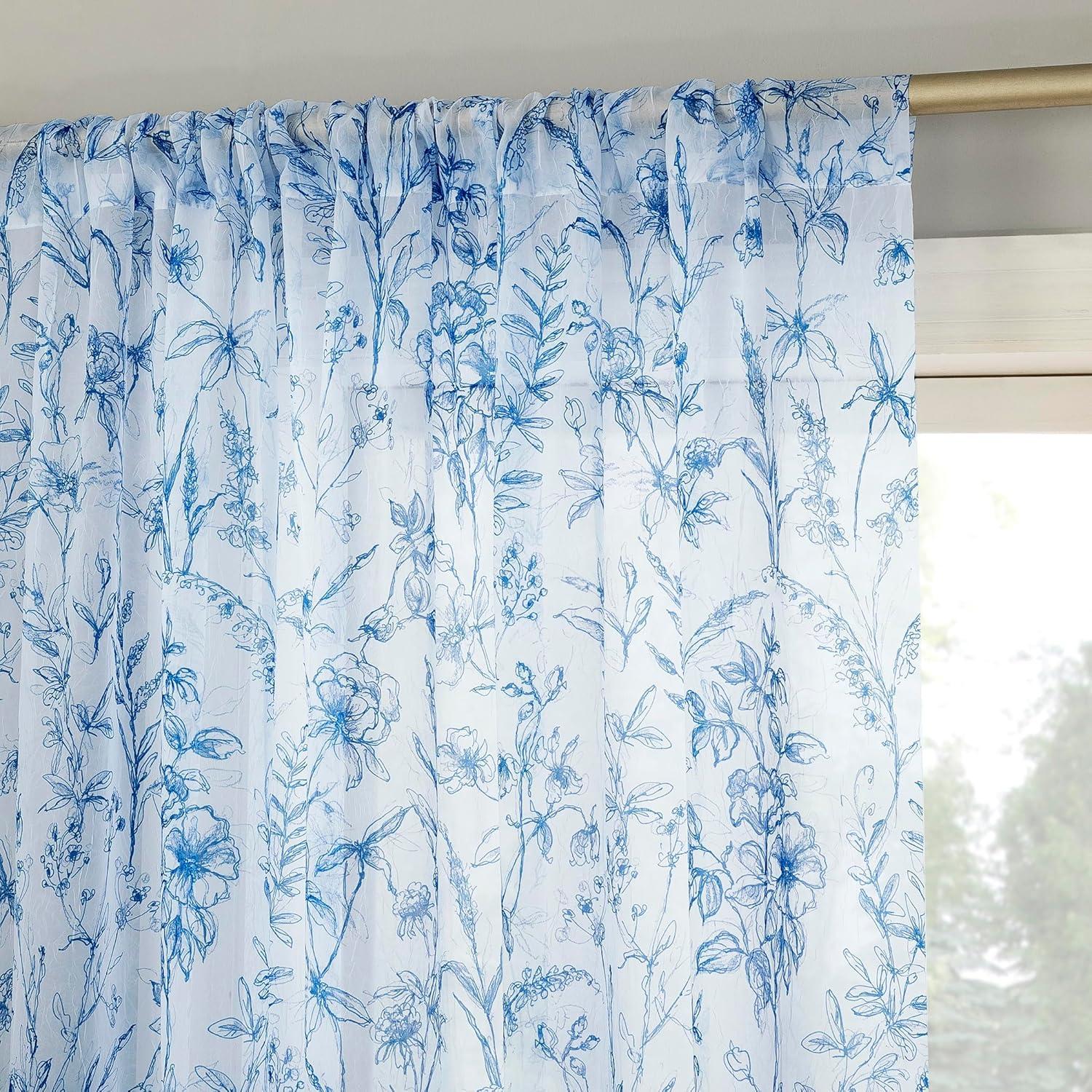 Chinoiserie Blue Floral Sheer Rod Pocket Curtain Panel 51" x 63"