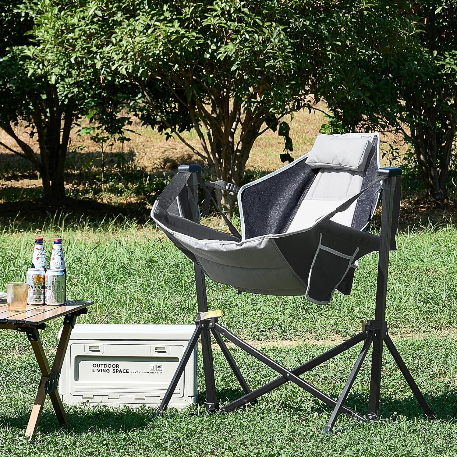 VEVOR Reclining Camping Chair, 300 lbs Load Camping Hammock Chair, Rocking Lounge Folding Chair with Cup Holder Storage Bag Headrest & Adjustable Backrest, for Camping and Other Outdoor Activities
