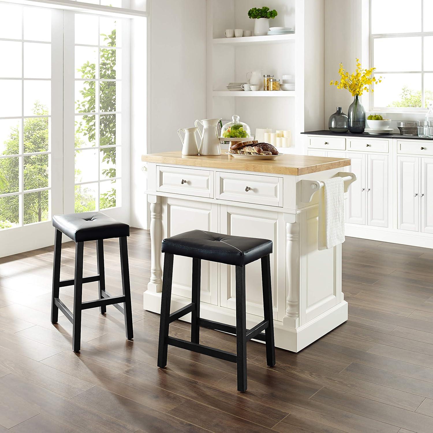Oxford Kitchen Island with 2 Upholstered Saddle Stools Black - Crosley: Pass-Through Storage, Towel Bars, Wood Veneer