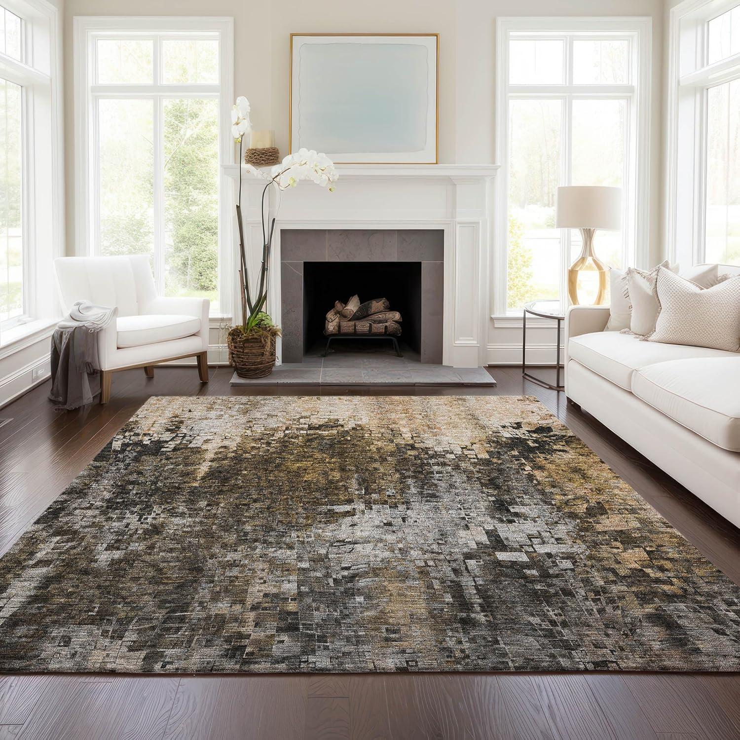 Brown and Gray Rectangular Synthetic Washable Area Rug