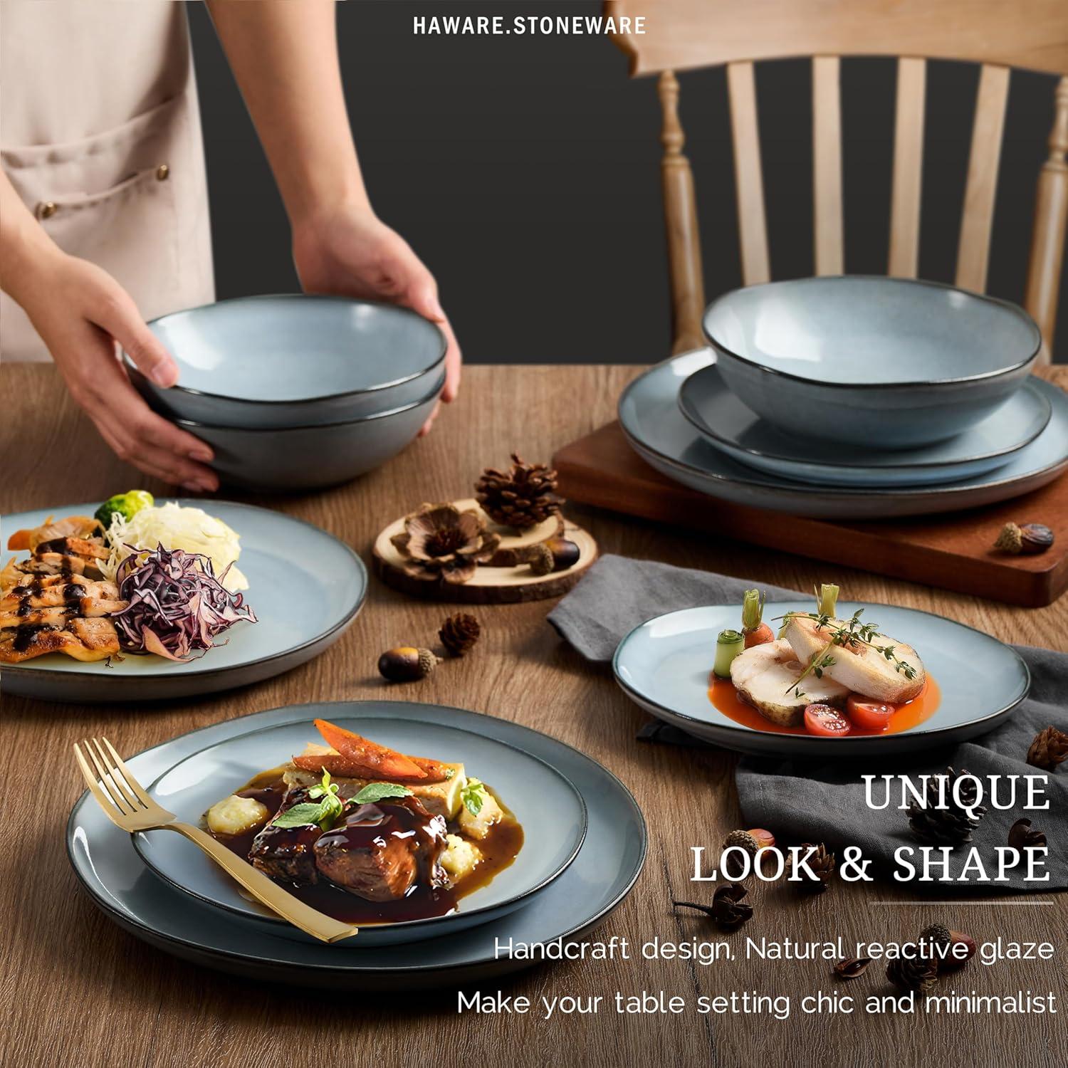 HaWare Dish Set for 4, 12-Piece Stoneware Dinnerware Sets, Round Plates and Bowls Set, Ceramic Dishware for Home Restaurant, Crack and Scratch Resistant, Microwave and Oven Safe, Reactive Foggy Blue