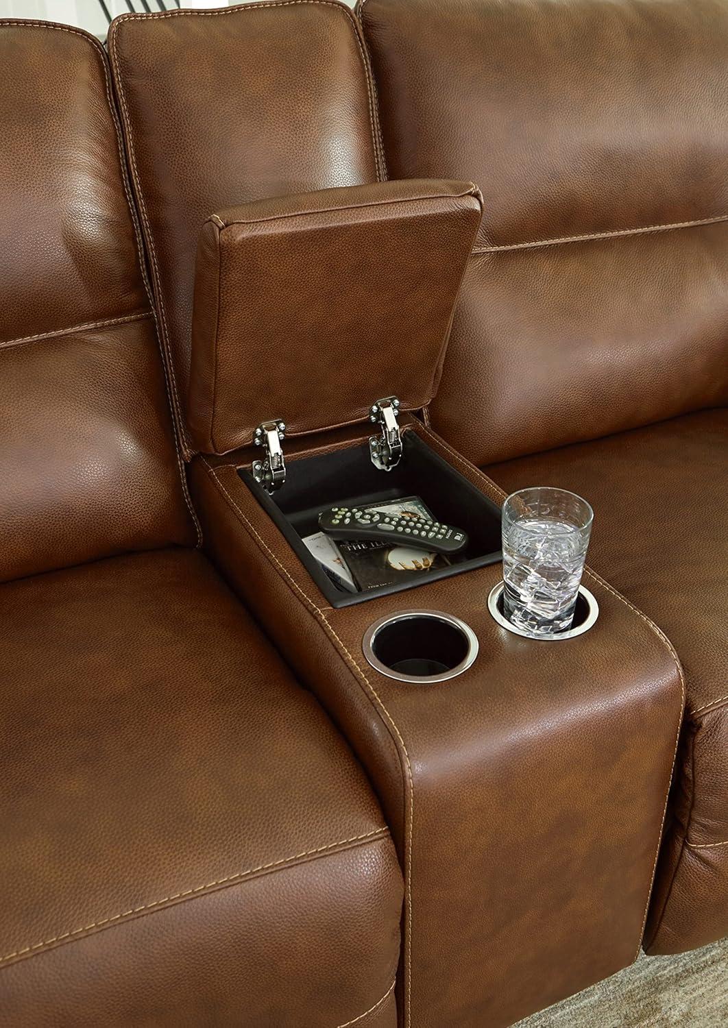 Brown Faux Leather Power Reclining Sectional with Cup Holder