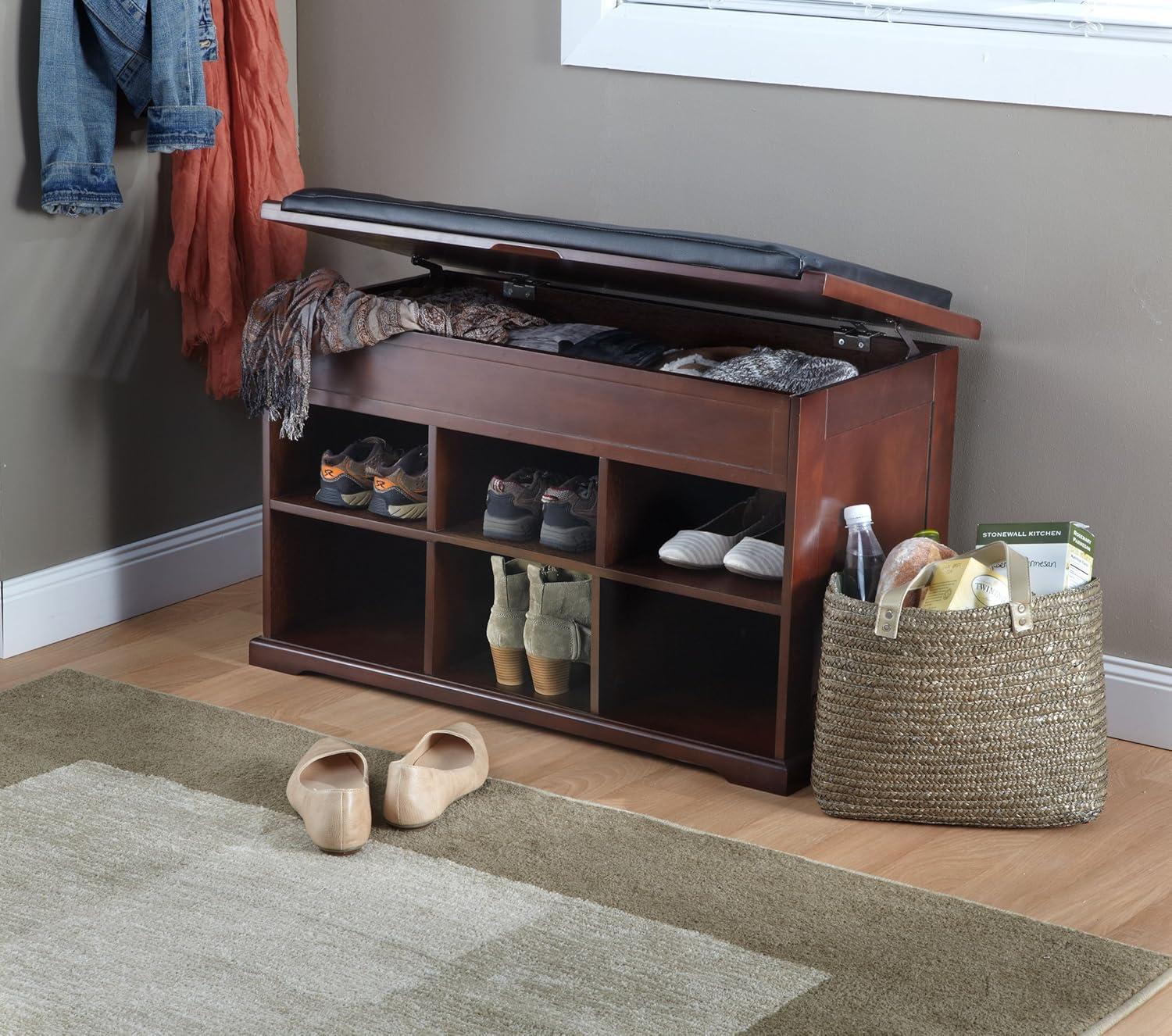 Mahogany Shoe Storage Bench with Black Cushion and Cubbies