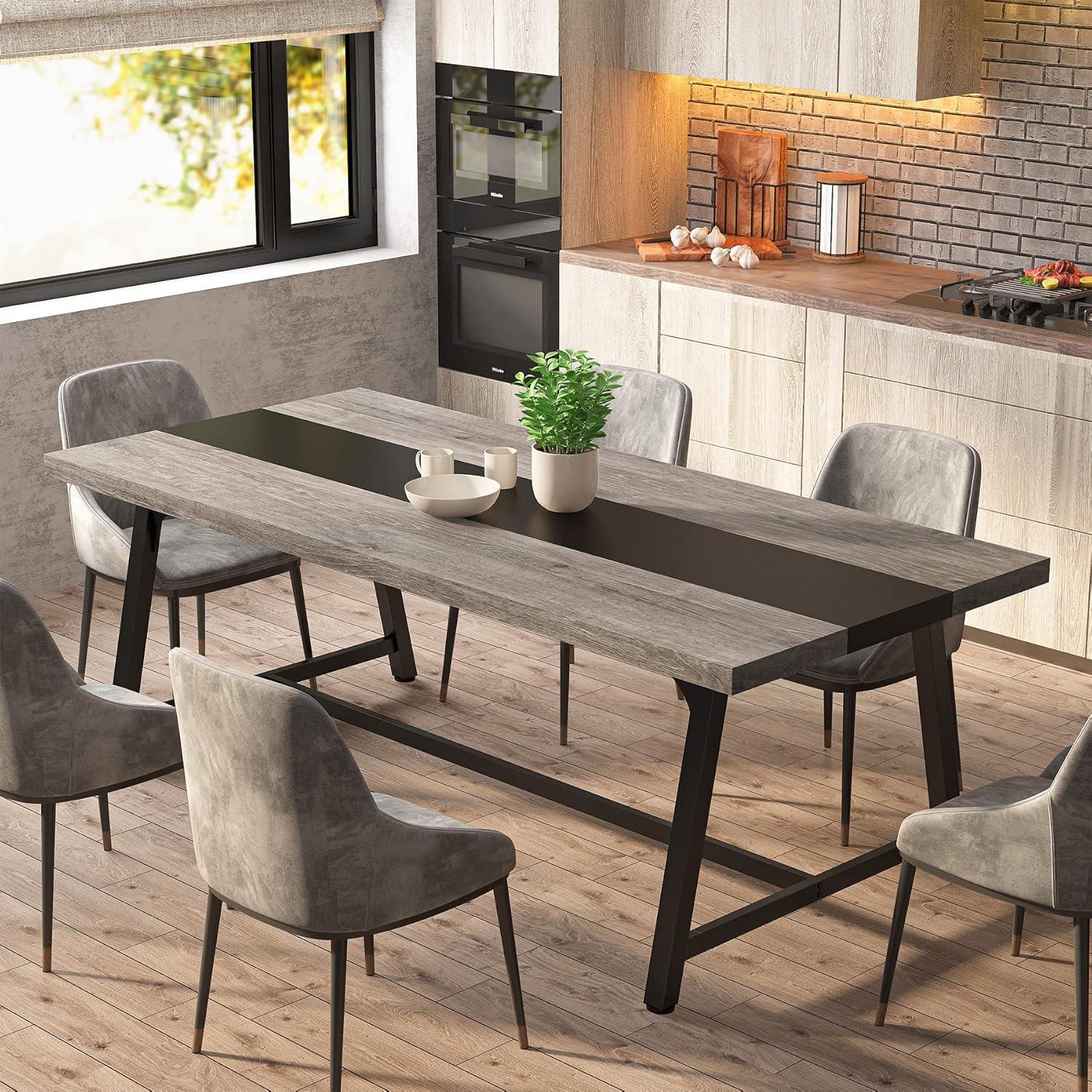 Gray and Black Rectangular Wood Dining Table with Metal Frame for 8