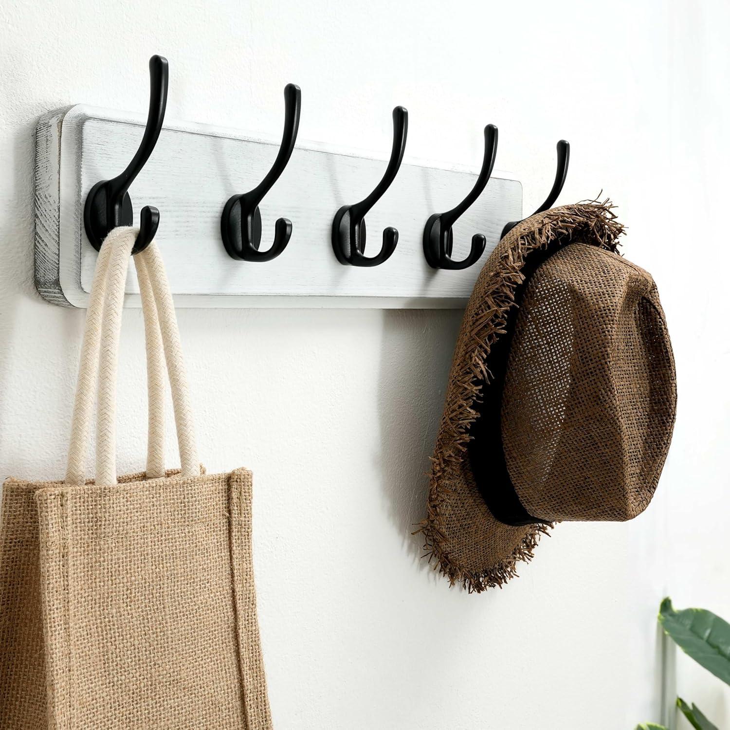 Weathered Pine Rustic Wall Mounted Coat Rack with 5 Black Hooks