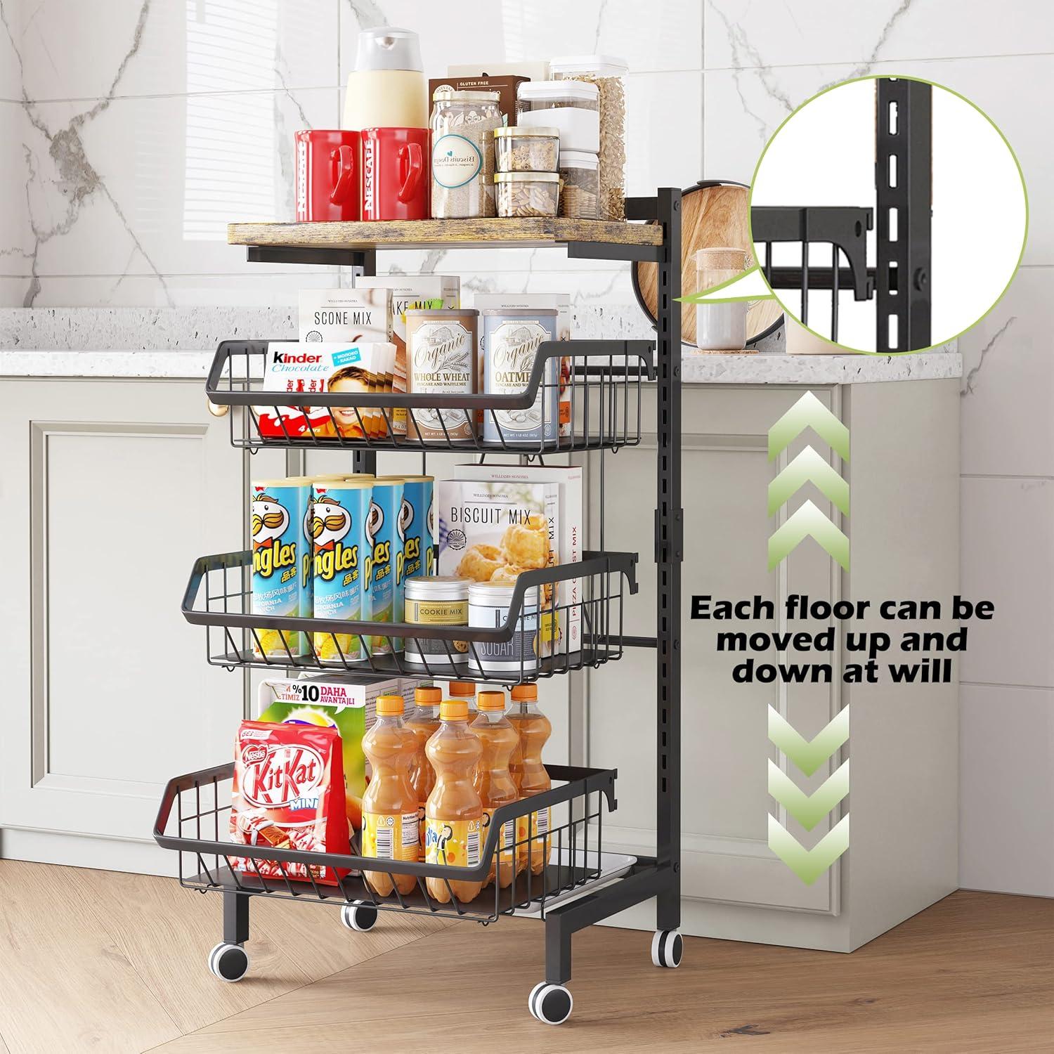 Fruit Basket 4-Tier Adjustable Fruit Vegetable Basket Cart Metal Wire Storage Cart Rolling Pantry Utility Kitchen Cart