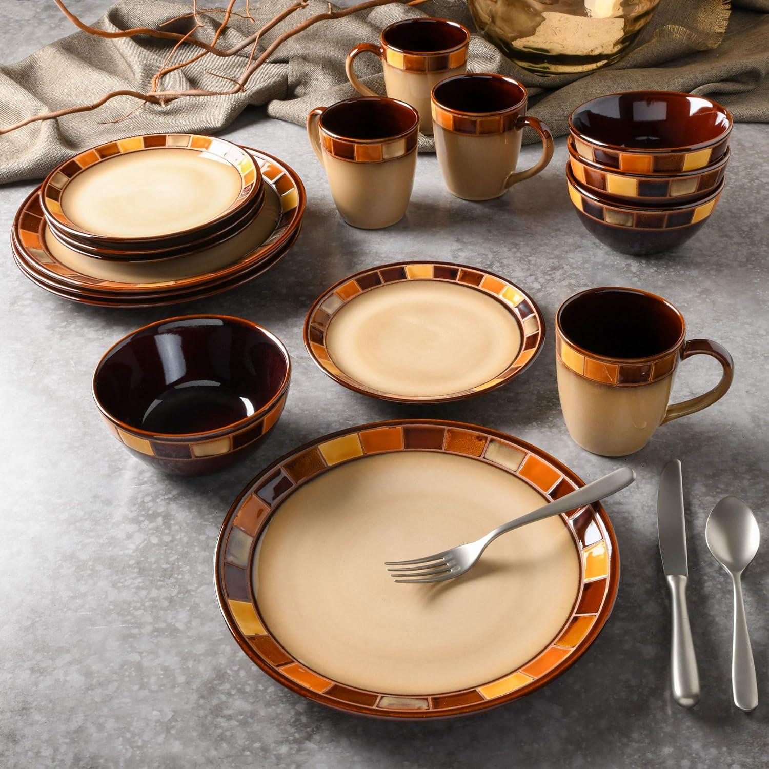 Gibson Elite Casa Estebana 16 Piece Dinnerware Plates, Bowls, & Mugs Set, Cream
