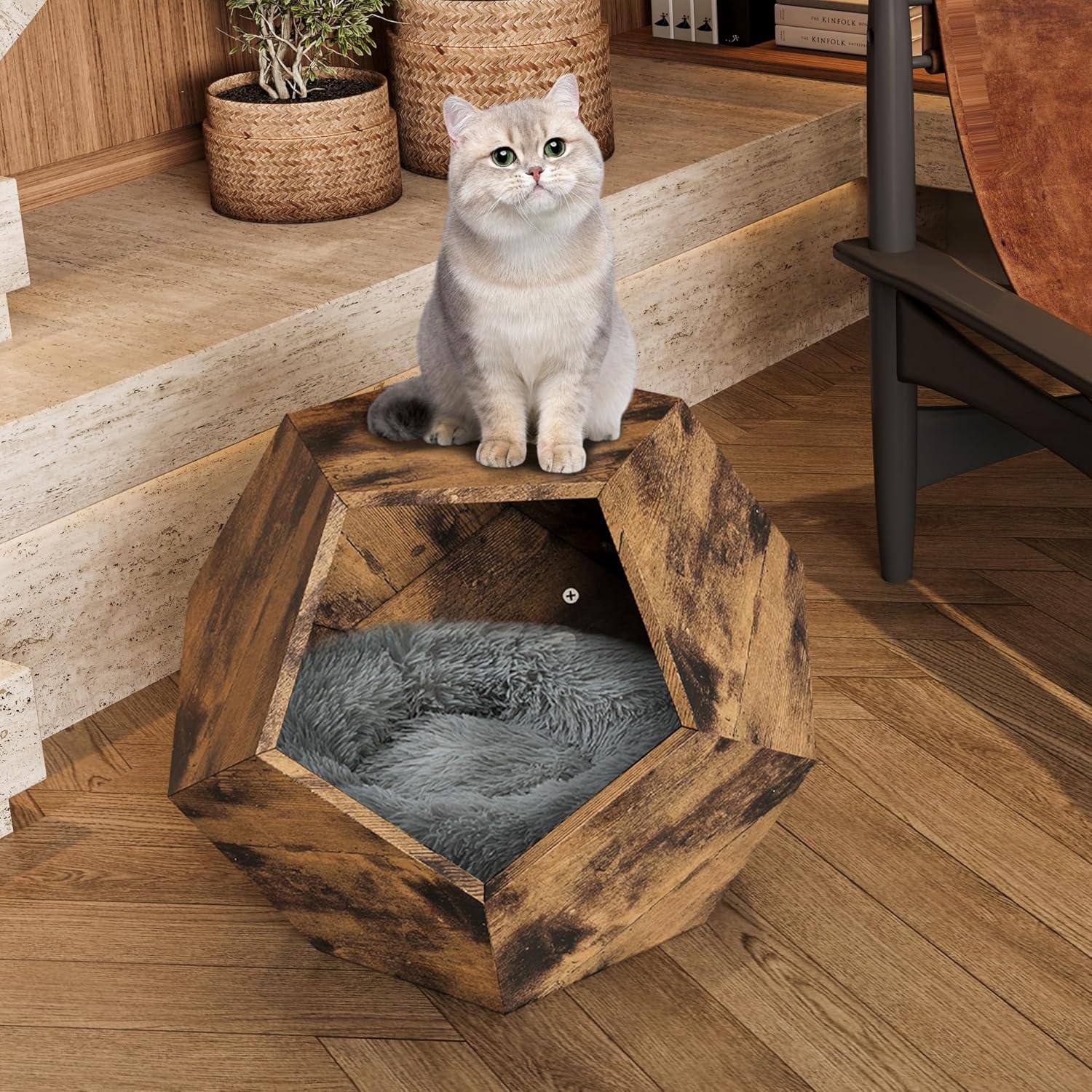 Vintage Cat Bed - Cat Condo Beds for Indoor Cats, Brew Braun Hardwood Brown Nightstand