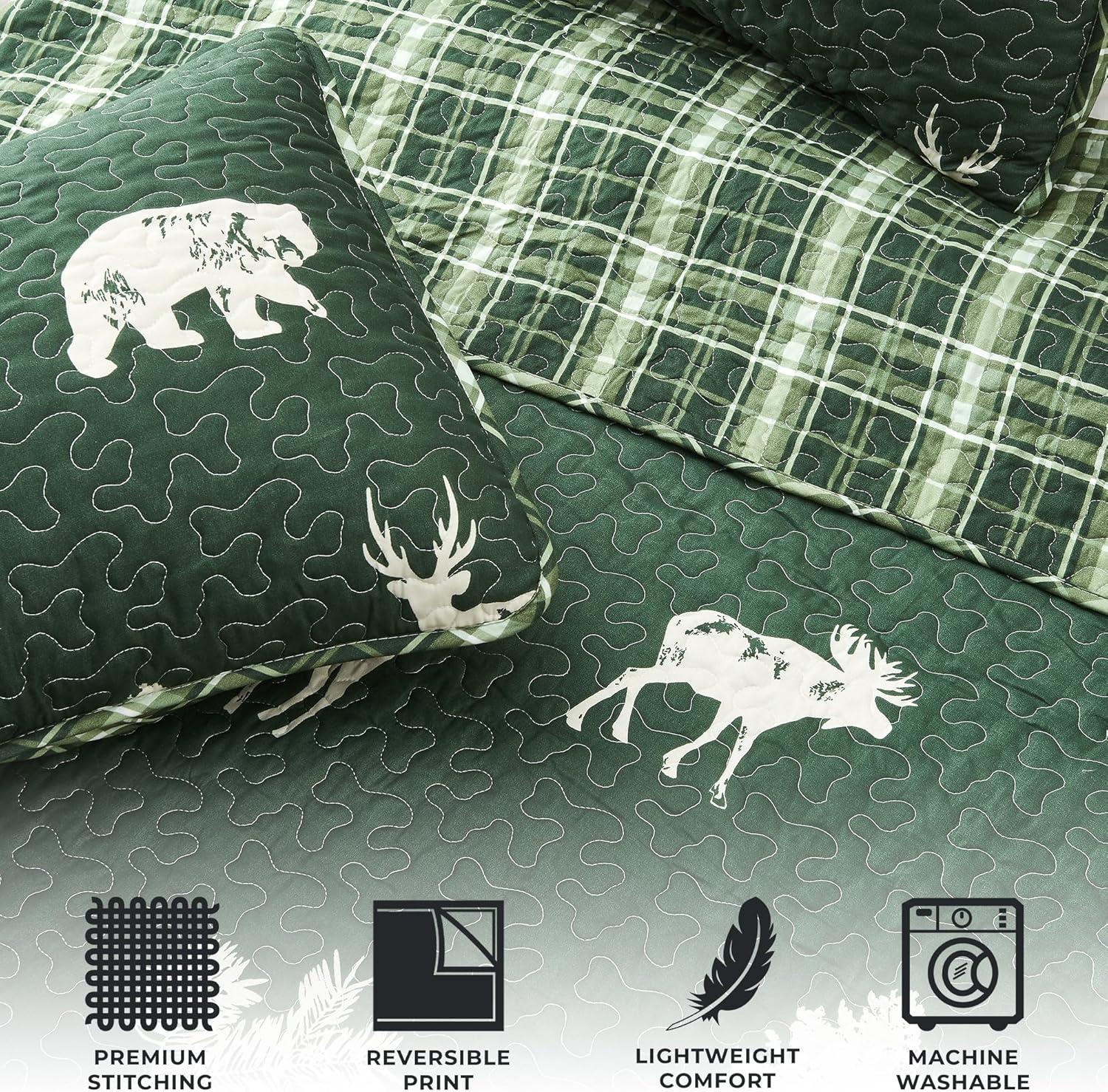 Forest Green Nature Quilt Set Reversible Plaid Quilt Set with Shams