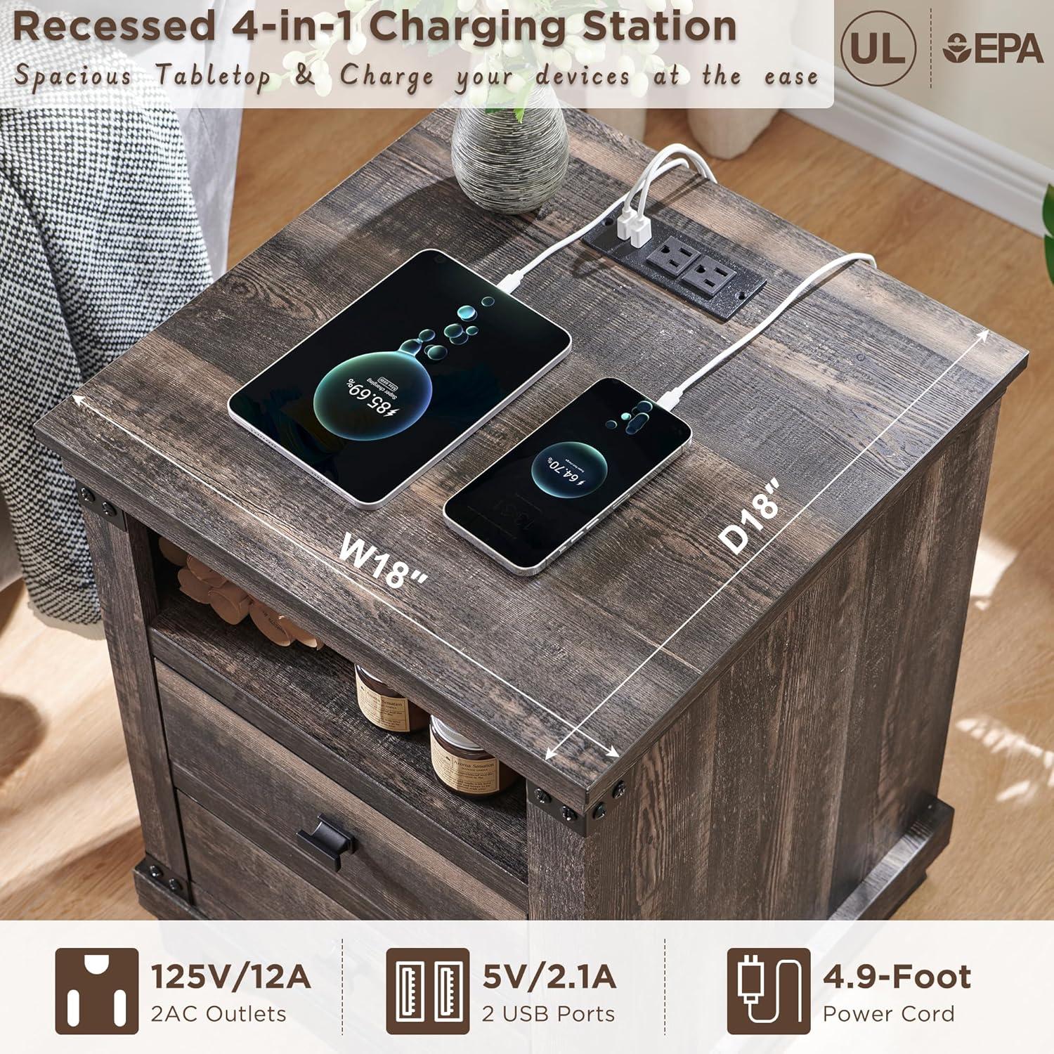 SinCiDo Nightstand with Charging Station, 18″ Farmhouse Night Stand with 2 Drawers, Wood Rustic End Table, Antique White