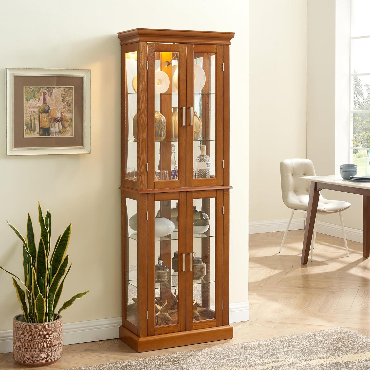 Oak Lighted Curio Cabinet with Tempered Glass Shelves